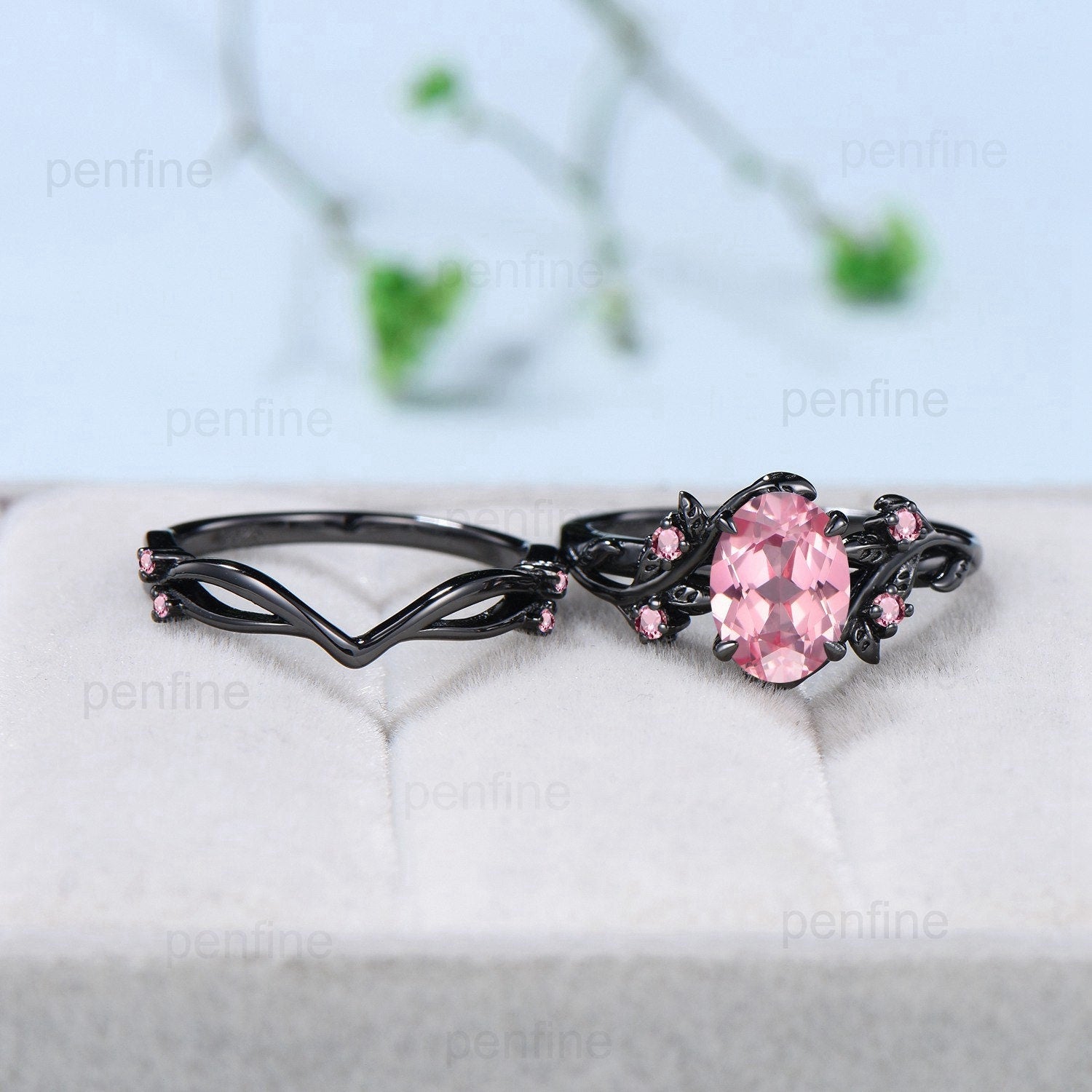 Nature Inspired Leaf Padparadscha Sapphire Ring Set - Black Gold Branch Twig with Pink Tourmaline - Unique Women's Engagement & Wedding Ring Set - Perfect for Nature Lovers, Romantic Proposals & Special Occasions