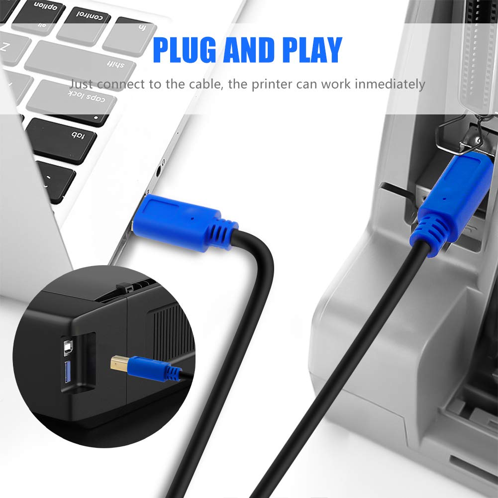 Hanprmee 30Ft USB 2.0 Printer Cable - High Speed Gold-Plated A Male to B Male Connector for HP, Canon, Lexmark, Dell, Xerox, Samsung Printers & Scanners - Durable Blue Cord for Office & Home Use