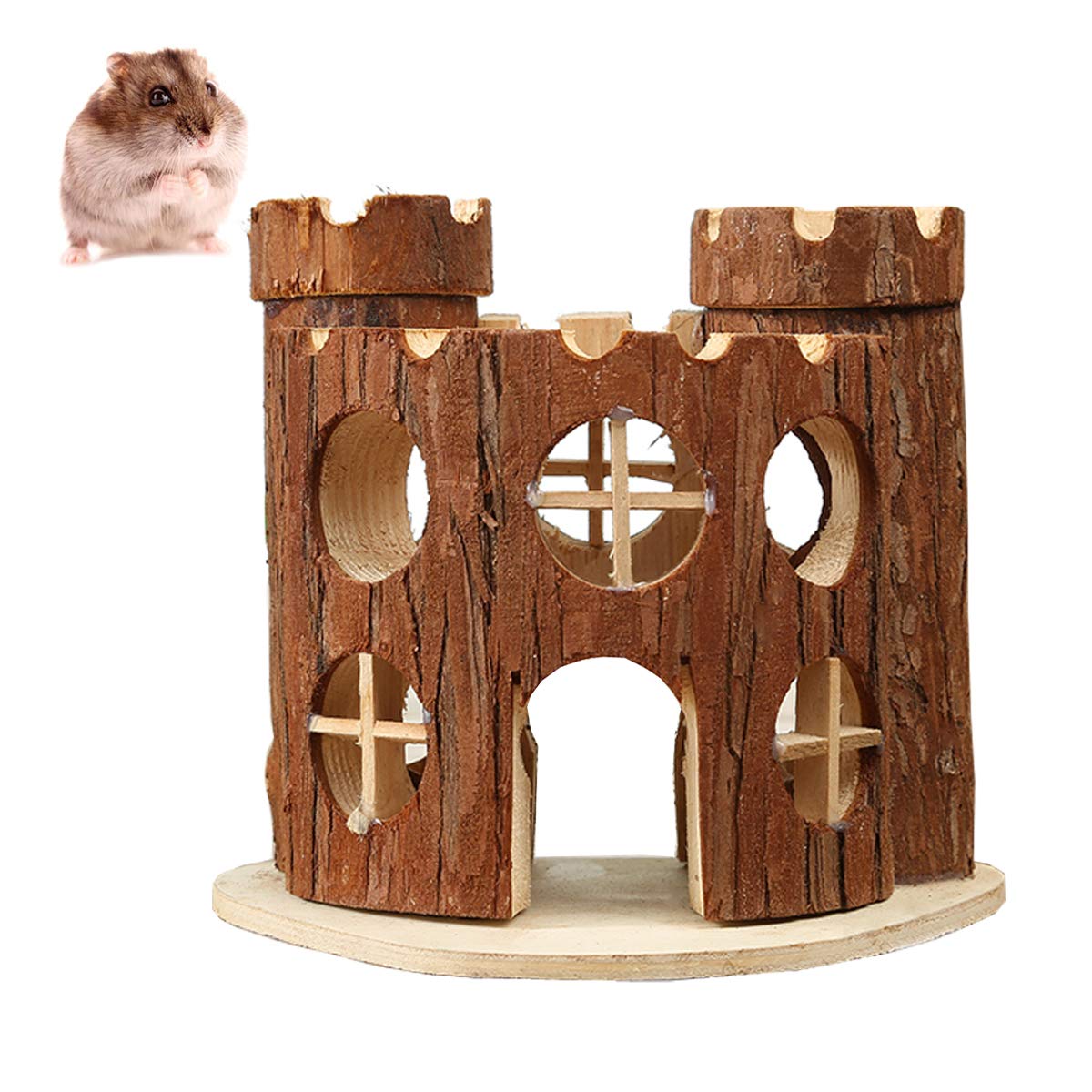 Dwarf Hamster Wooden House - Small Pet Hideout Hut & Cage Sleeping Cabin for Hamsters, Gerbils, Mice - Cozy Castle Design for Cage Decor & Playtime
