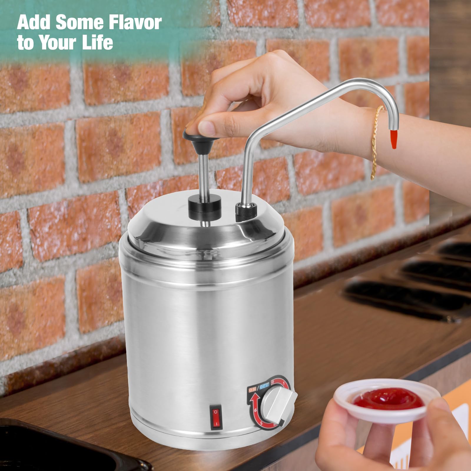 Electric Hot Fudge Dispenser with Temperature Control - 2.6QT Round Stainless Steel Nacho Cheese Warmer with Pump - Commercial Cheese Melting Station for Buffets, Bakeries & Restaurants (110V/200W) - Perfect for Chocolate Fountain, Dessert Bars & Catering Events