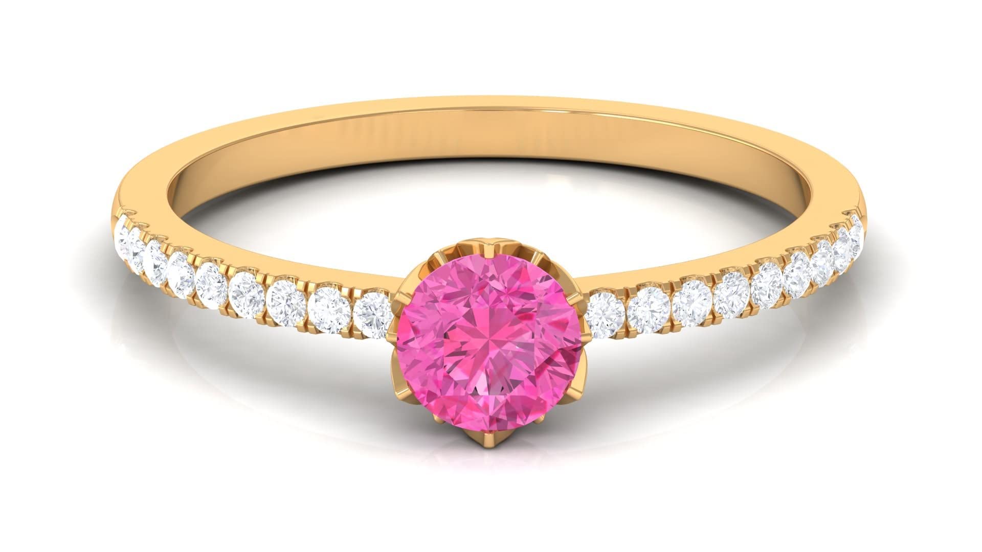 14K Solid Gold Pink Sapphire Engagement Ring - 5mm Round Cut Solitaire with Diamond Accents | Elegant Wedding Jewelry for Proposals, Anniversaries & Special Occasions
