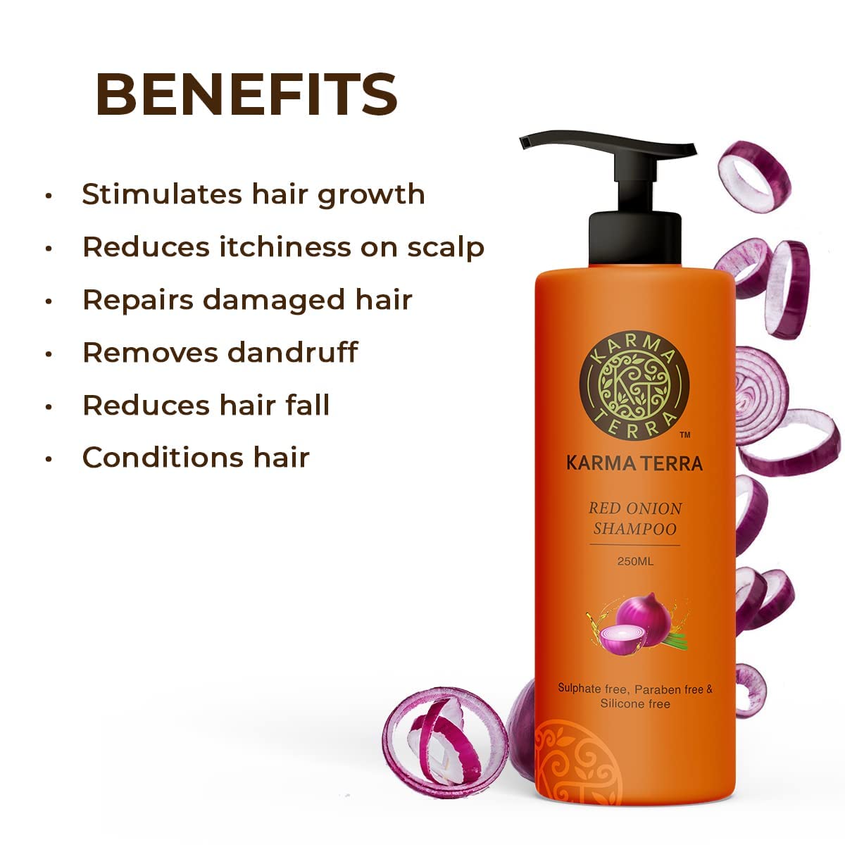 KARMA TERRA Professional Red Onion Shampoo for Hair Growth & Hair Loss Prevention - Natural Red Onion Seed Oil & Black Seed Oil Extract, Chemical-Free Formula (250ml) - Ideal for Thinning Hair & Scalp Care
