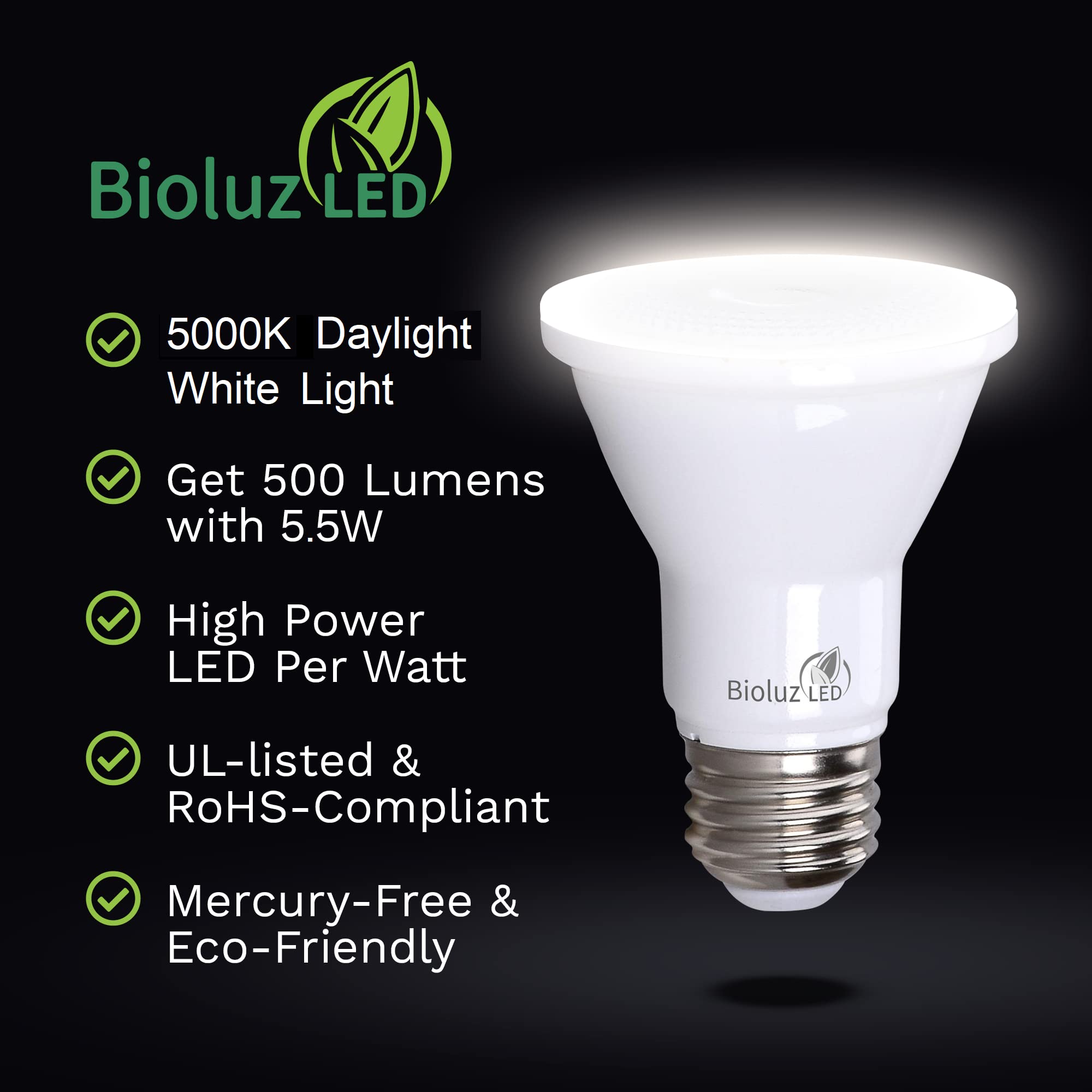 Bioluz LED PAR20 Bulbs 5000K Daylight 90 CRI 5.5W (75W Equivalent) Dimmable LED Light Bulbs, 500 Lumens, UL Listed, Title 20 Compliant - 60 Pack for Home, Office & Commercial Lighting