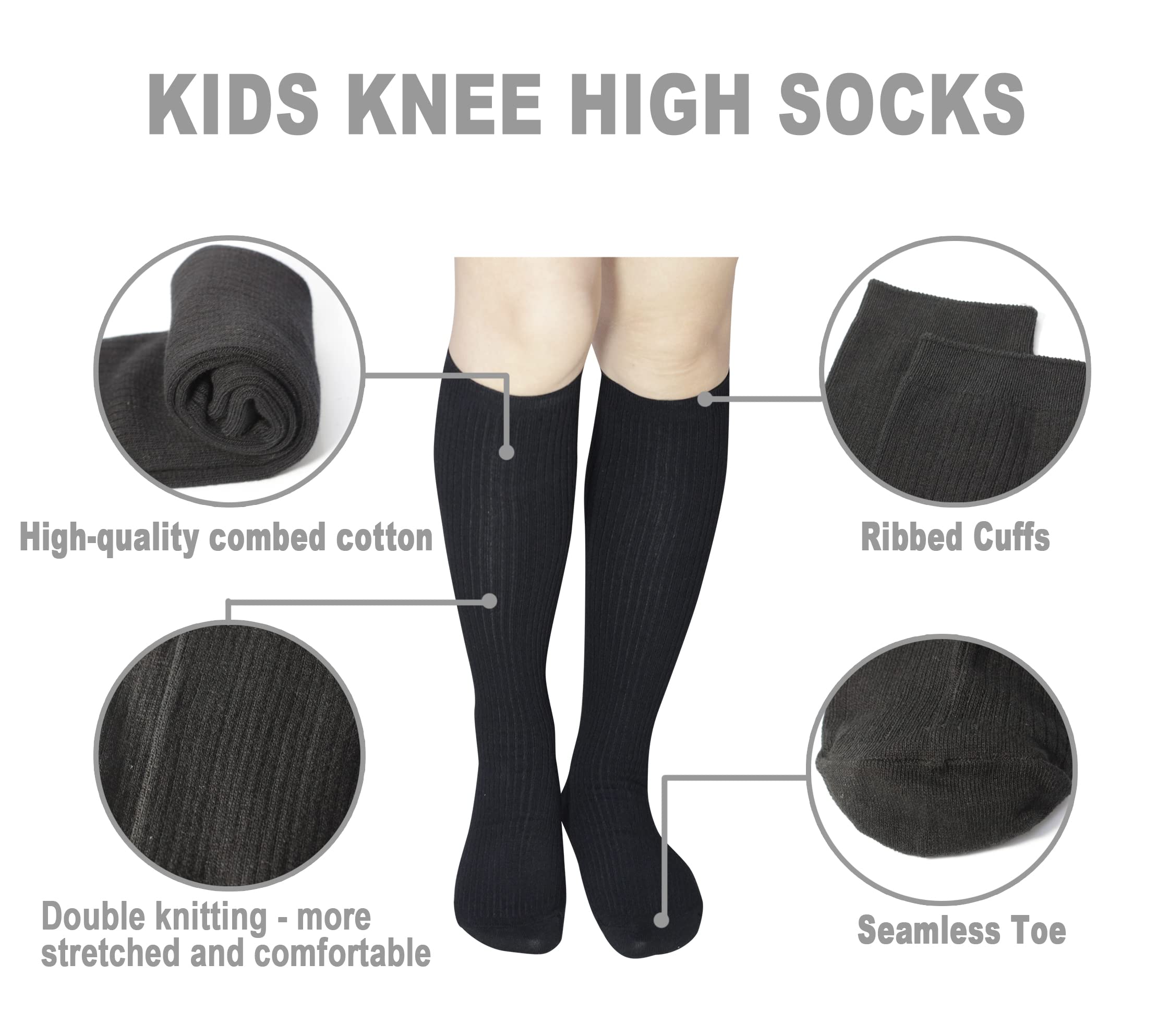 **Girls Knee High Socks for School Uniform - Soft Seamless Cotton Stockings (White & Black, 3-Pack) - Perfect for Kids' Daily Wear, Sports & Dress-Up**