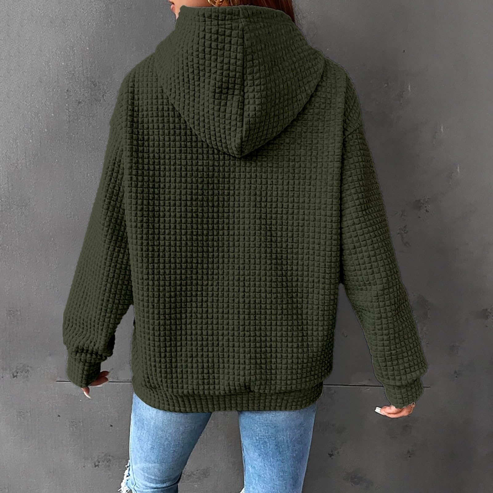 CRNTCEM Women's Waffle Knit Hoodie - Long Sleeve Plaid Print Crewneck Sweatshirt with Drawstring & Pocket | Casual Fall Winter Outfit for Streetwear, Lounge & Coffee Dates