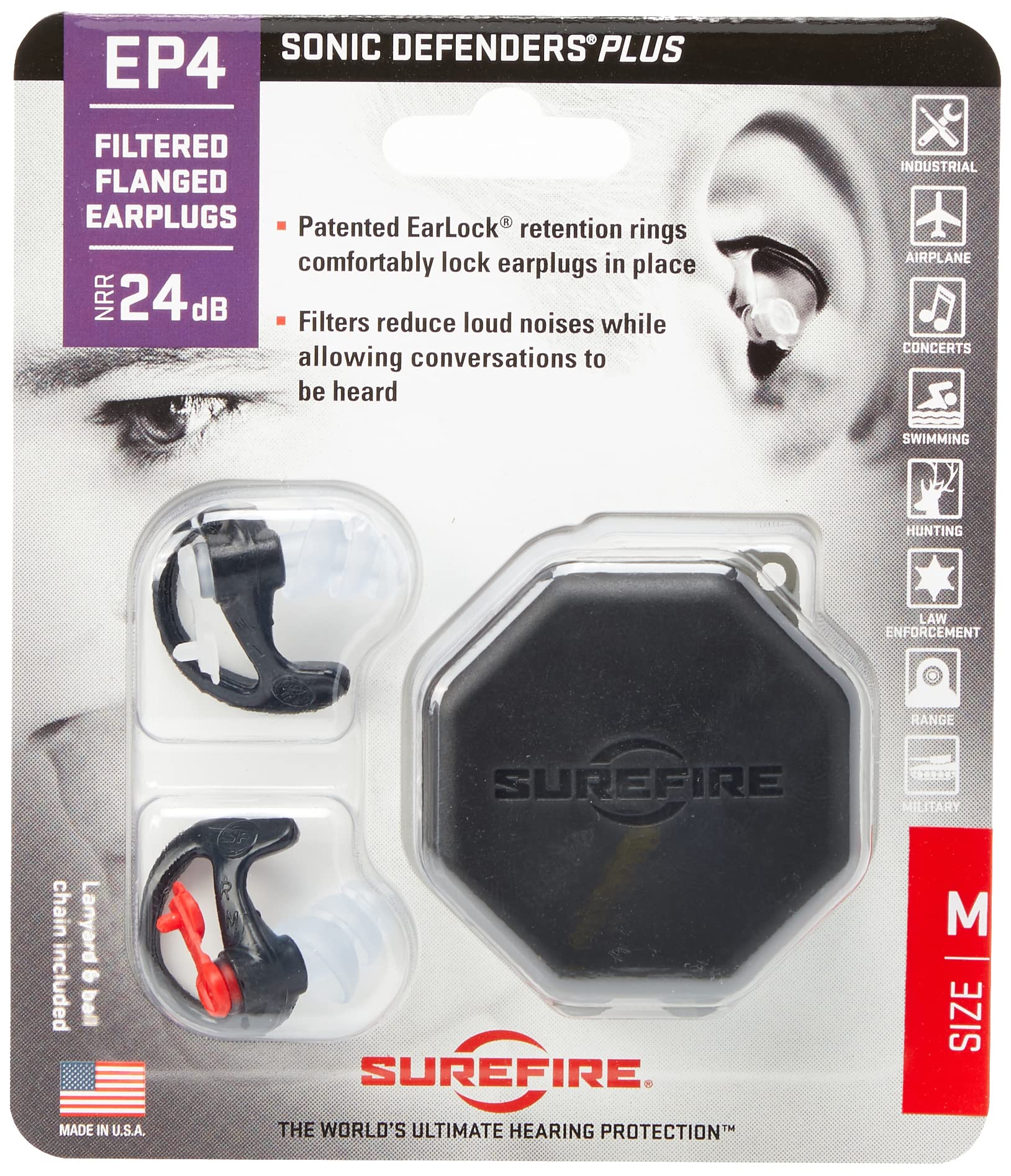 SureFire EP4 Sonic Defenders Plus Filtered Earplugs - Triple Flanged Reusable Hearing Protection (Black, Small) for Shooting, Construction & Loud Events