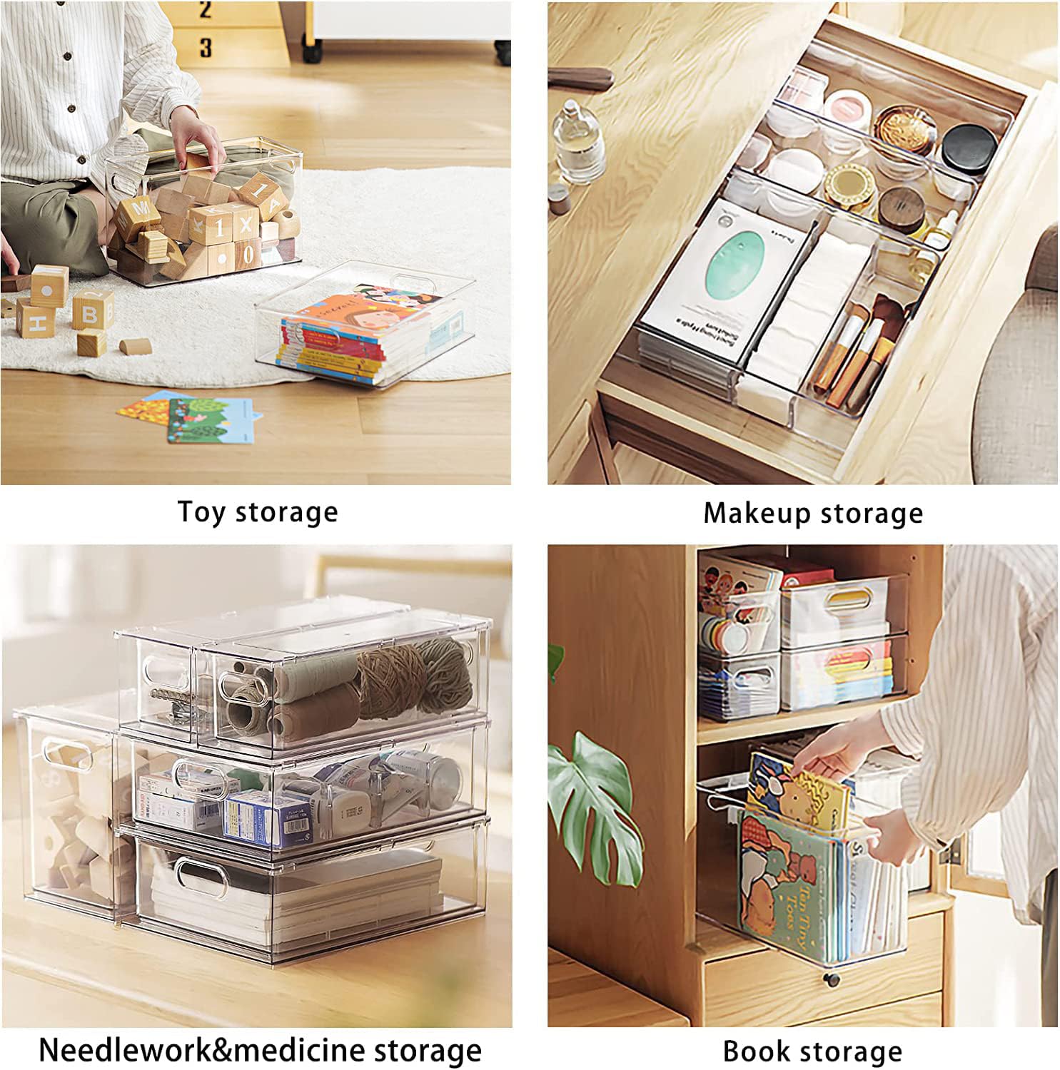 Clear Stackable Refrigerator Drawer Organizer Bins with Handles & Dividers - 4 Pack Plastic Food Storage Containers for Pantry, Cabinet, Kitchen | Perfect for Fruits, Vegetables, Meal Prep & Closet Organization