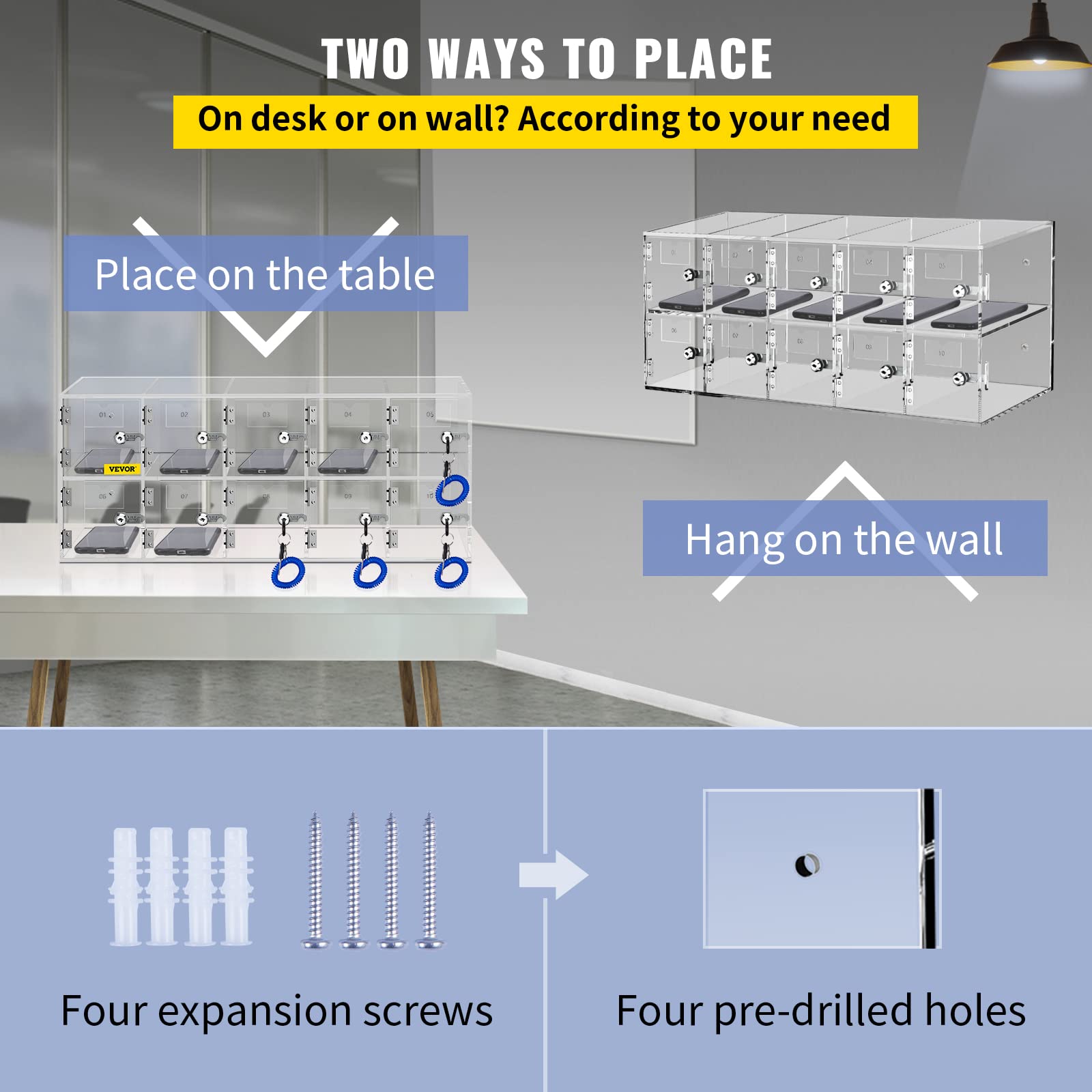 VEVOR 10-Slot Acrylic Cell Phone Storage Locker with Lock & Keys - Wall Mounted Clear Cabinet for Office, Classroom, Gym, Retail & Public Spaces - Secure Phone Organizer for Schools, Workplaces & Fitness Centers
