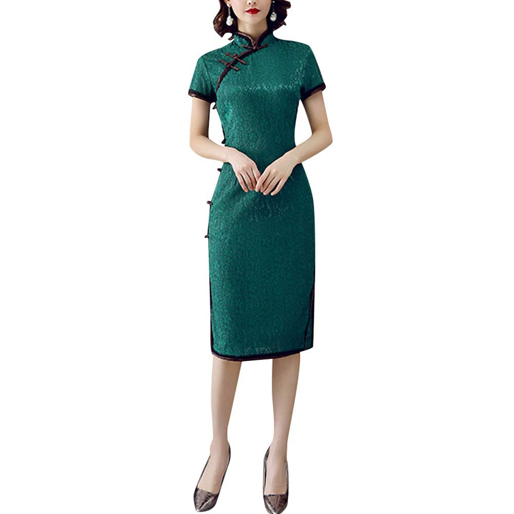 Vintage Floral Lace Cheongsam Dress - Women's Chinese Traditional Qipao with Embroidery, Short Sleeve & Side Slit Midi Gown (Green, Size M) | Perfect for Weddings, Parties, Cultural Events & Special Occasions