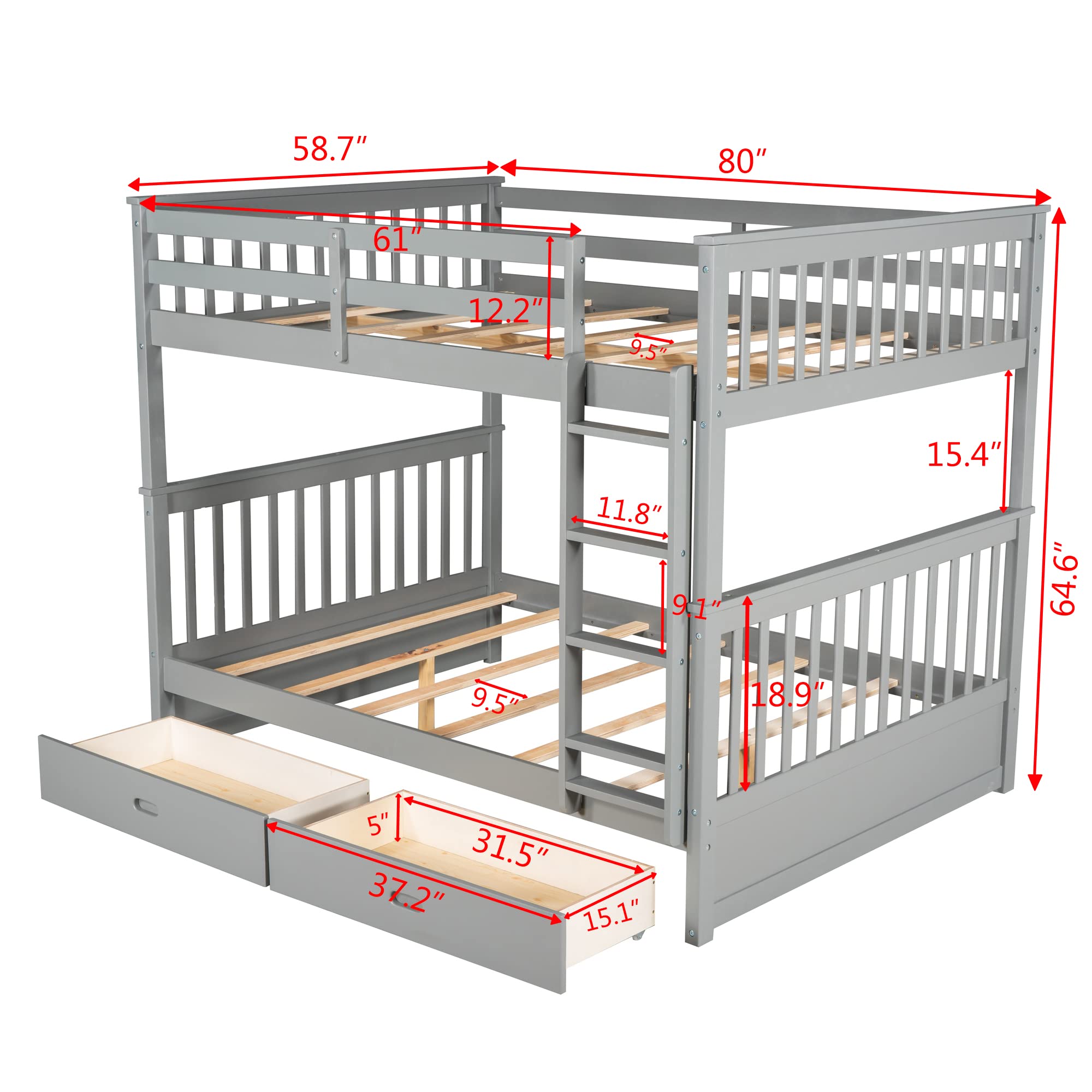 Harper & Bright Designs Full Over Full Bunk Bed with 2 Drawers - Solid Wood Platform Bed with Ladder, Full Length Guardrail & Headboard - No Box Spring Needed - Grey - Space Saving Kids Bedroom Furniture for Siblings or Sleepovers