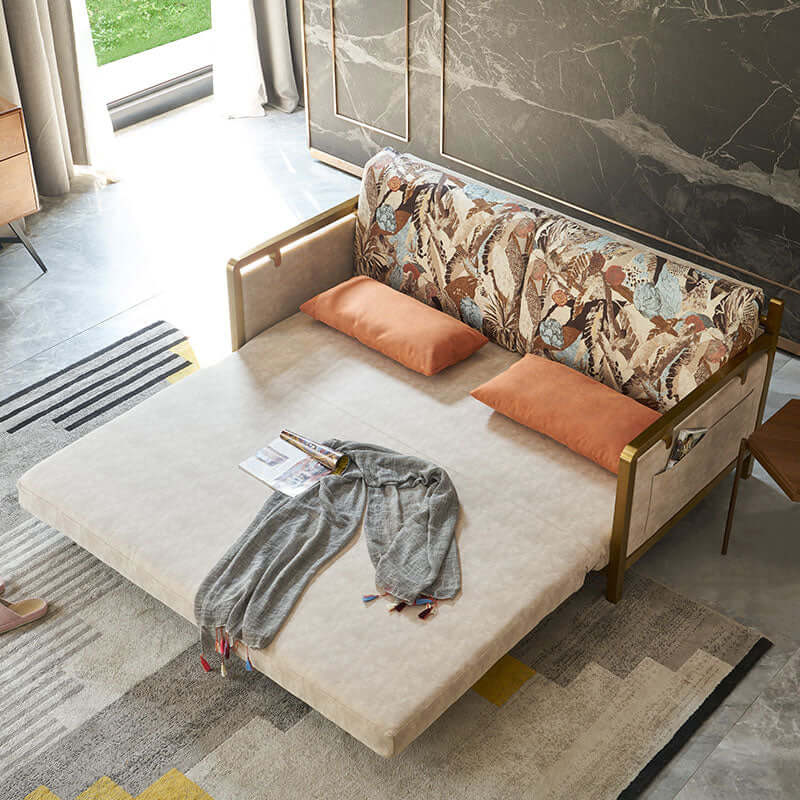 Modern Convertible Full Sleeper Gold Metal Beige Upholstered Sofa Bed - Space-Saving Furniture for Small Apartments, Guest Rooms & Home Offices