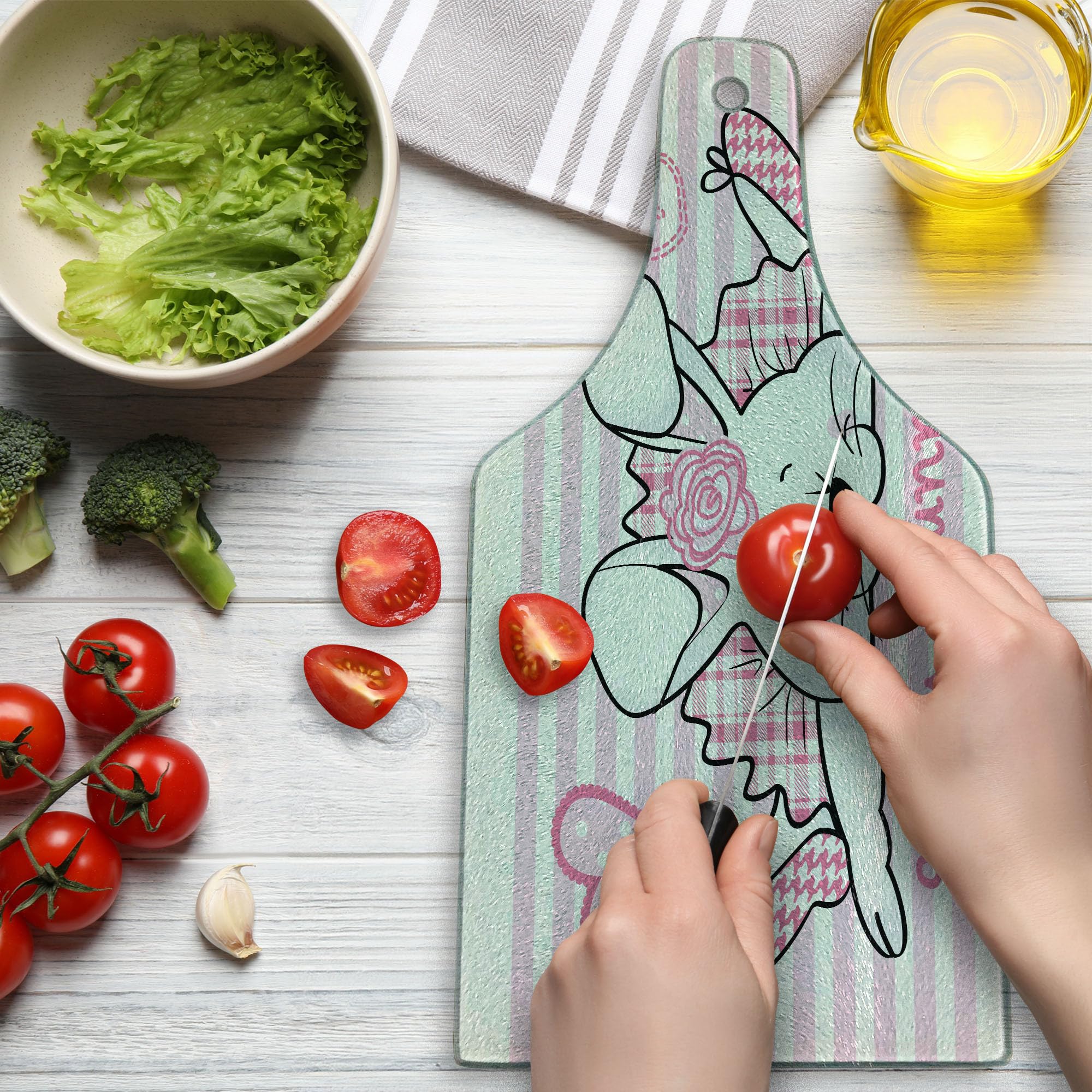 Ambesonne Retro Tempered Glass Cutting Board - Valentine's Day Miss Bunny Hoop in Love Romantic Rabbit Design, Decorative Serving Board for Cheese, Charcuterie & Wine (Pale Pink & White, Wine Bottle Shape) | Perfect for Valentine's Gifts, Bridal Showers & Romantic Dinners