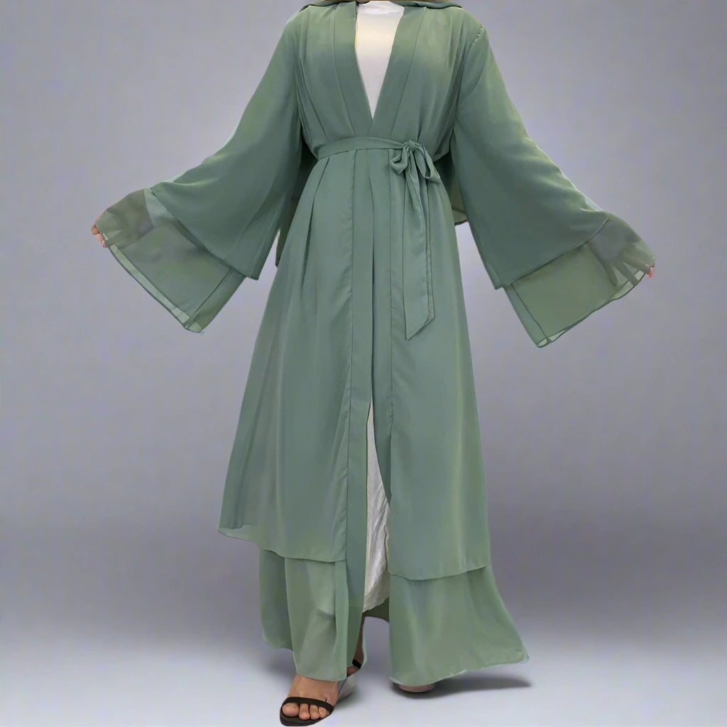 Elegant Dubai Solid Color Chiffon Muslim Abaya Dress with Open Cardigan for Women - Perfect for Prayer, Modest Fashion & Special Occasions