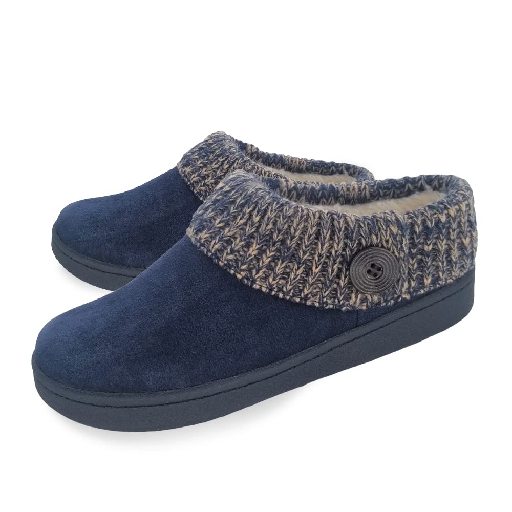 Clarks Women's Suede Leather Comfort Clog Knitted Collar Slippers - Plush Faux Fur Trim - Indoor & Outdoor House Shoes for Women - Navy/Beige Size 9M - Cozy Home, Office & Travel Footwear
