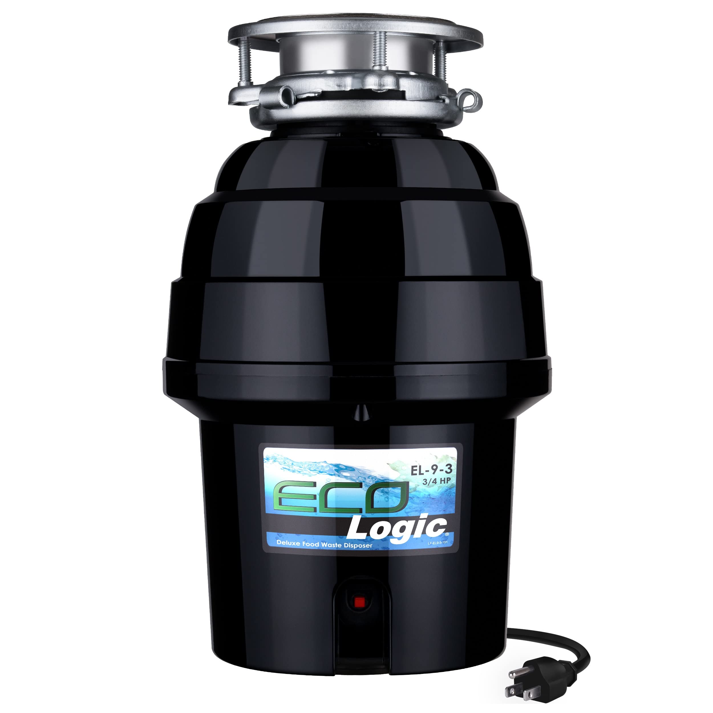 Eco Logic 3/4 HP Continuous Feed Garbage Disposal with Removable Splash Guard, Power Cord & 3-Bolt Mount - Black | Under Sink Kitchen Waste Disposer for Home & Restaurant Use