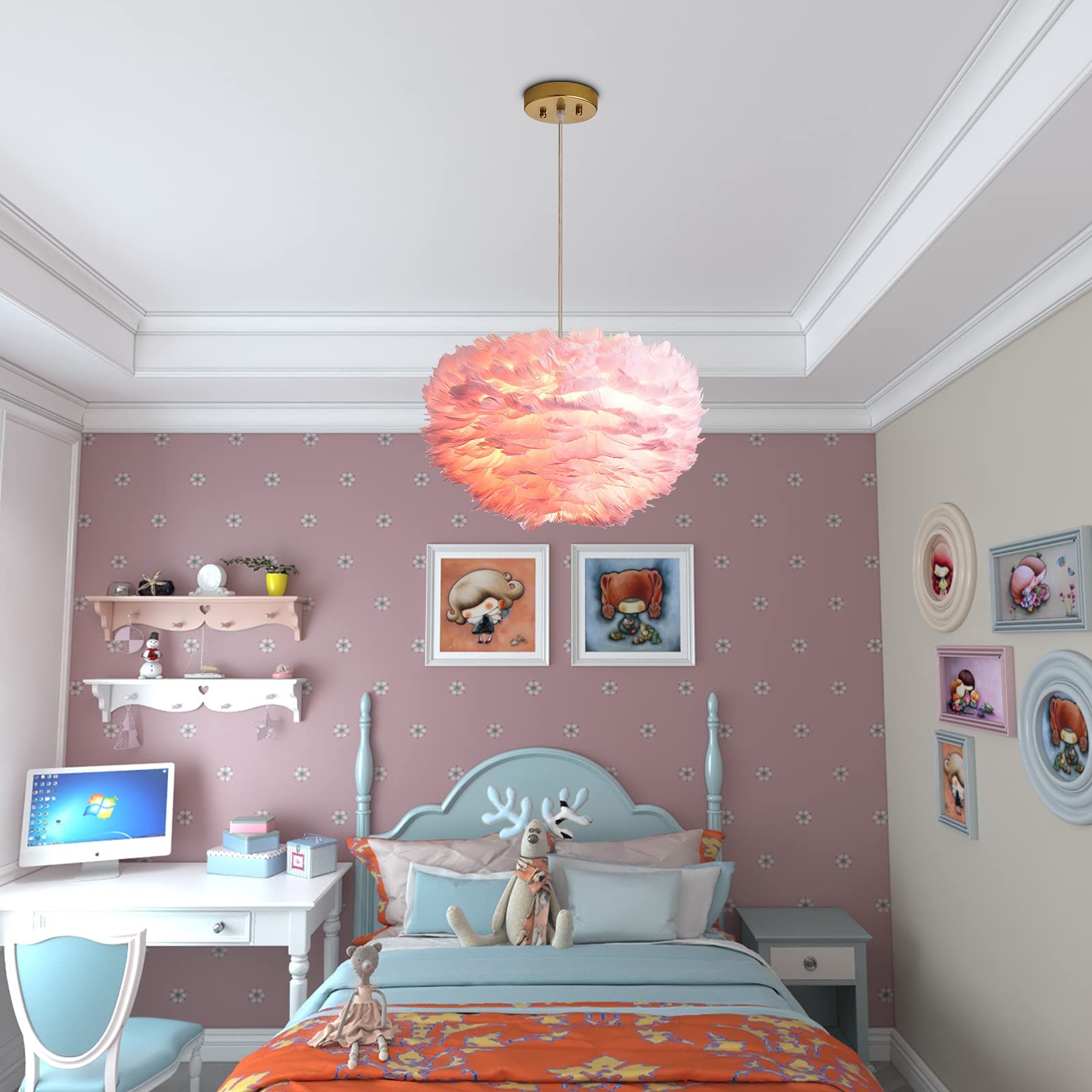 Nordic Feather Chandelier - 3-Light Modern Romantic Ceiling Hanging Lamp with Pink Art Feather Shade, 17.7 Inch for Girls Bedroom, Living Room, Dining Room | Perfect for Boho Chic Decor, Wedding Venues & Cozy Home Lighting