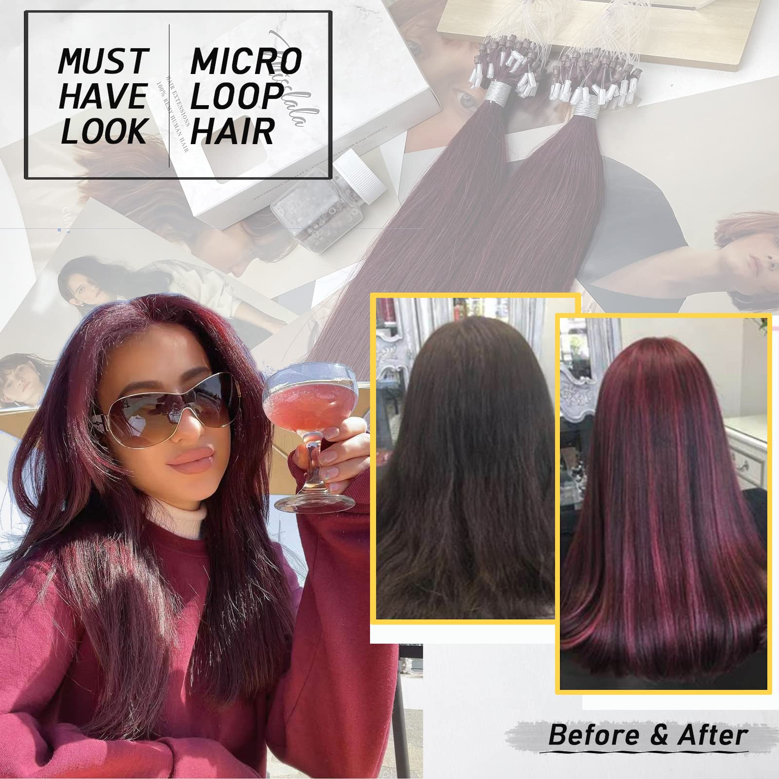 20 Inch Microbead Hair Extensions - 100% Real Human Hair, Red Wine Fusion Color, Straight, 50G (50 Strands) for Length & Volume - Perfect for Parties, Weddings & Daily Styling
