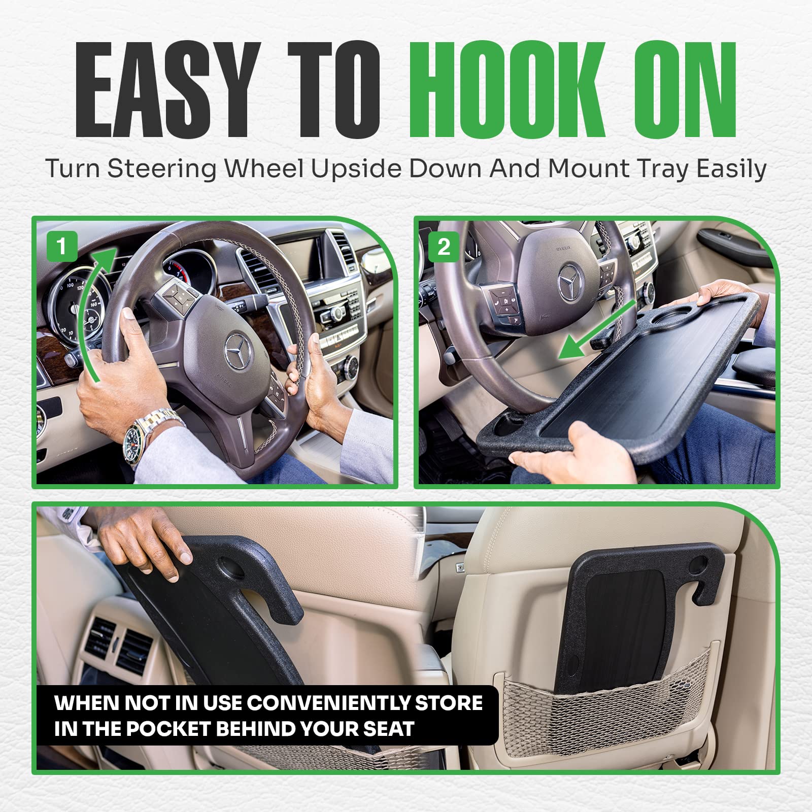 Lebogner Steering Wheel Tray & 4 Pack Car Seat Headrest Hooks - Portable Laptop Desk for Eating, Working & Driving | Multi-Function Car Organizer for Road Trips & Commuting