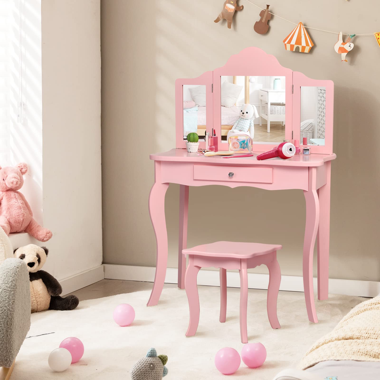 Honey Joy Kids Vanity Set with Mirror & Stool - Wooden Toddler Makeup Table for Girls (Pink) - Perfect for Pretend Play & Room Decor