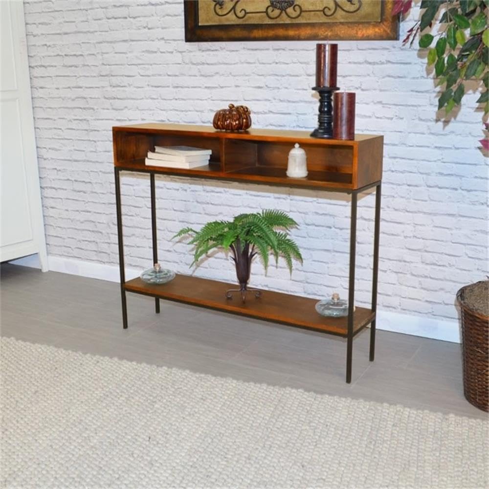 BOWERY HILL Modern Metal Console Table - Chestnut & Black Finish - Entryway, Living Room, Hallway Furniture - Slim Sofa Table for Small Spaces