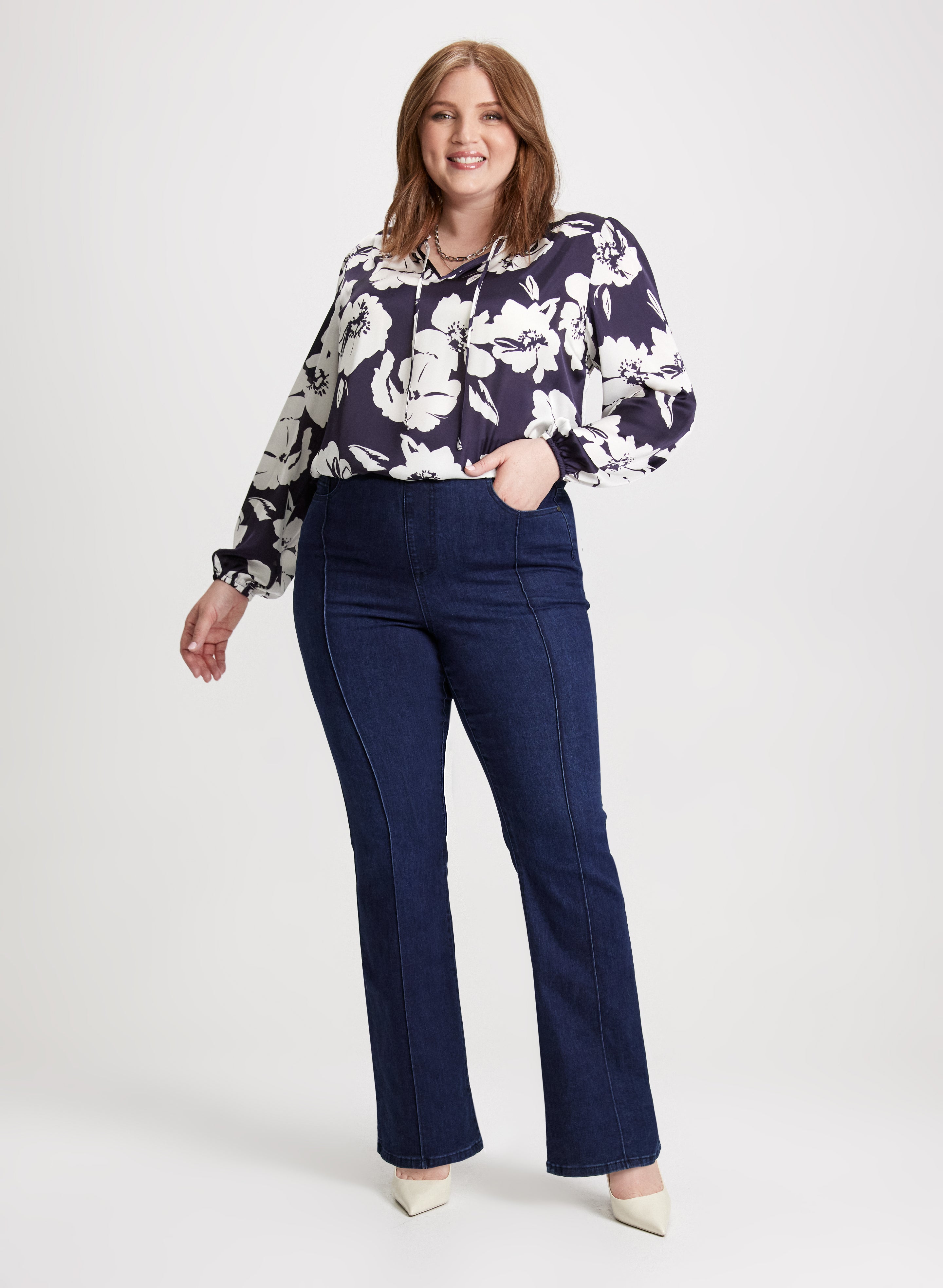 Floral Print Blouse & Bootcut Jeans for Women - Stylish Spring Outfit for Casual Wear, Office & Date Night