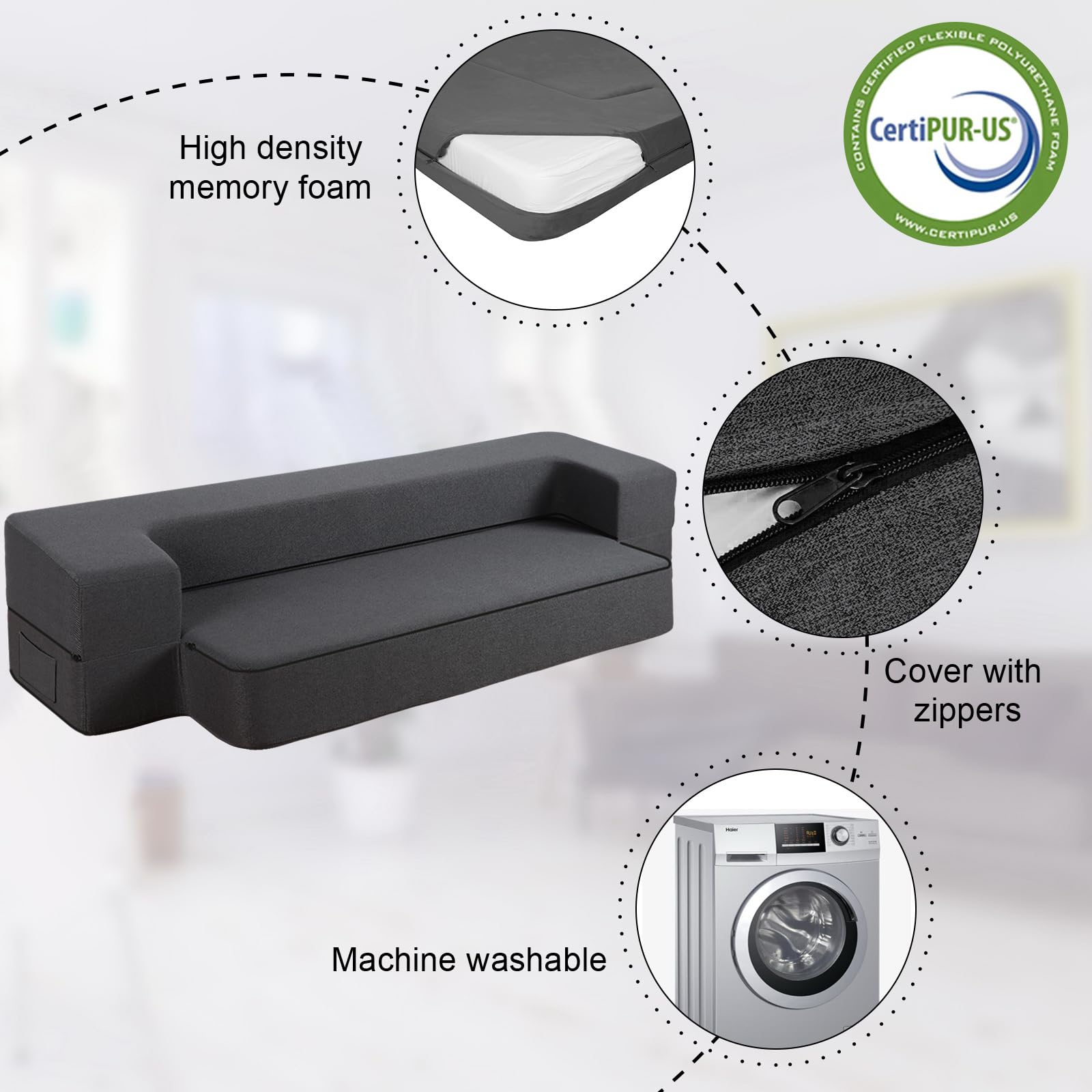8 Inch Queen Size Folding Sofa Bed with Memory Foam - Convertible Futon Sleeper Chair for Living Room, Bedroom & Guest Room - Dark Grey - Perfect for Small Spaces, Studio Apartments & Overnight Guests