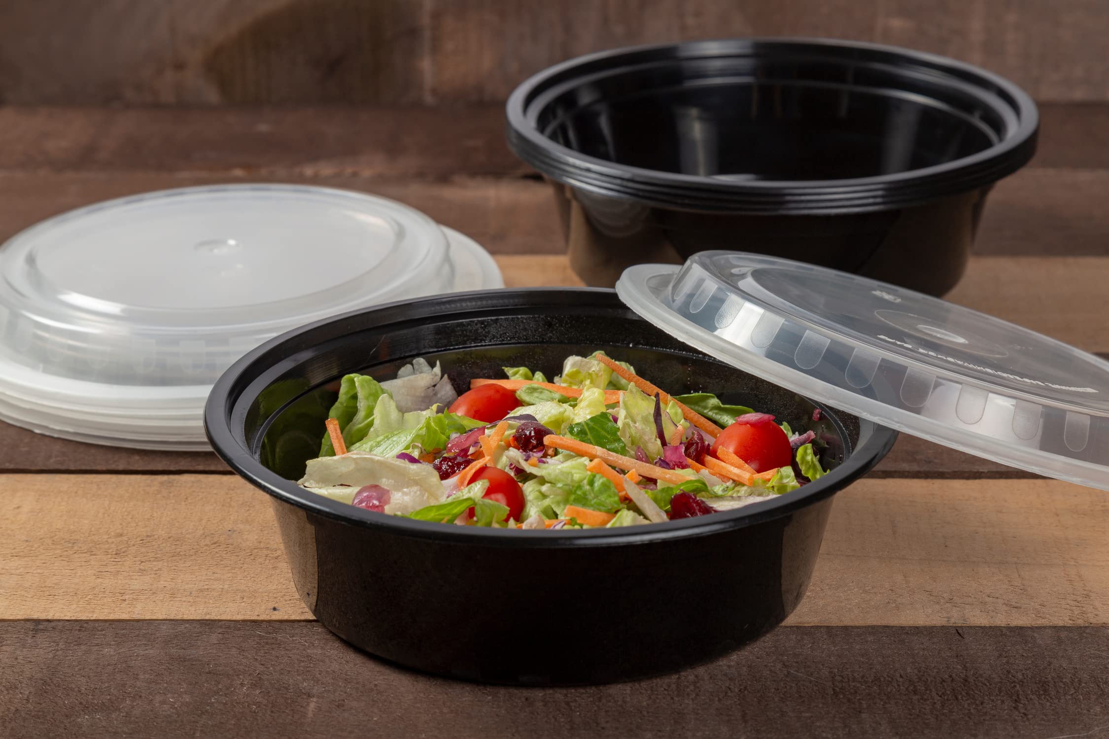 AmerCare 7 Inch Round Black Plastic Food Storage Containers with Lids, 24oz (Pack of 150) - Microwave & Freezer Safe, BPA-Free - Perfect for Meal Prep, Leftovers, and Bulk Food Storage