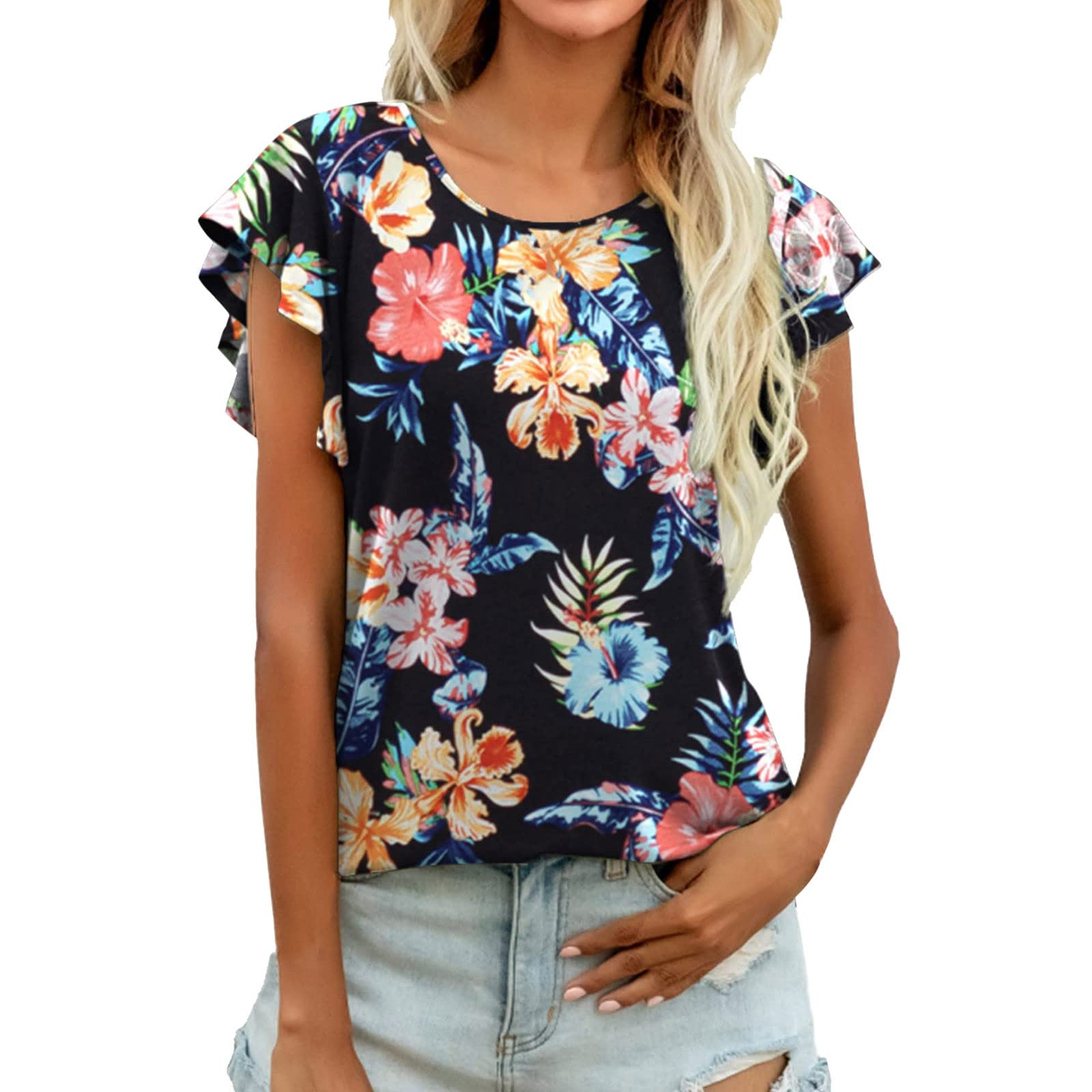 Women's Ruffle Sleeve Blouse - Summer Casual Crew Neck Flowy Tunic Top | Soft & Breathable Work Shirt | Perfect for Office, Date Night & Summer Outings