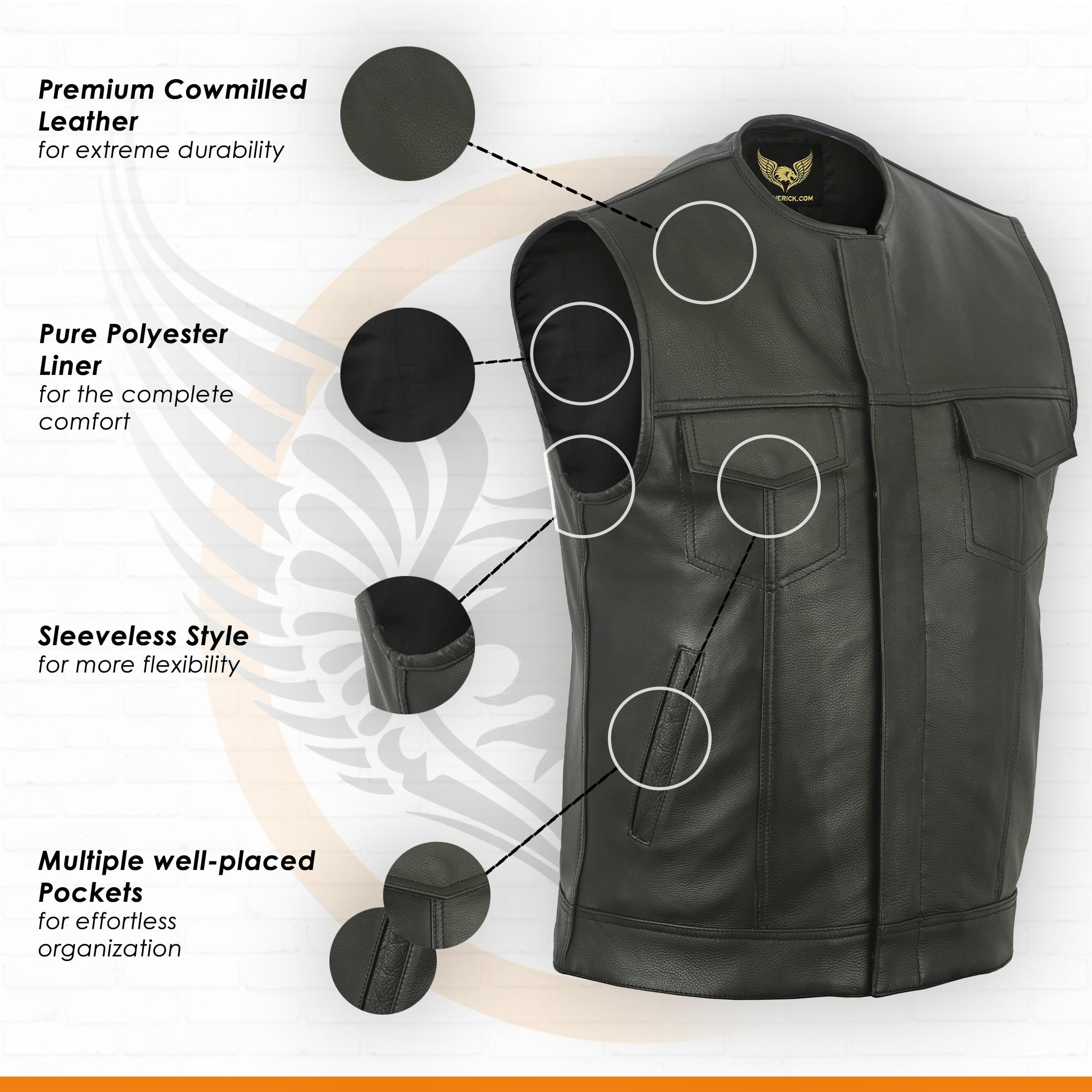 Leatherick Men's Black Motorcycle Vest - SOA Club & Traditional Paisley Satin Lined Leather Biker Jacket for Riding, Motorcycle Events & Casual Wear