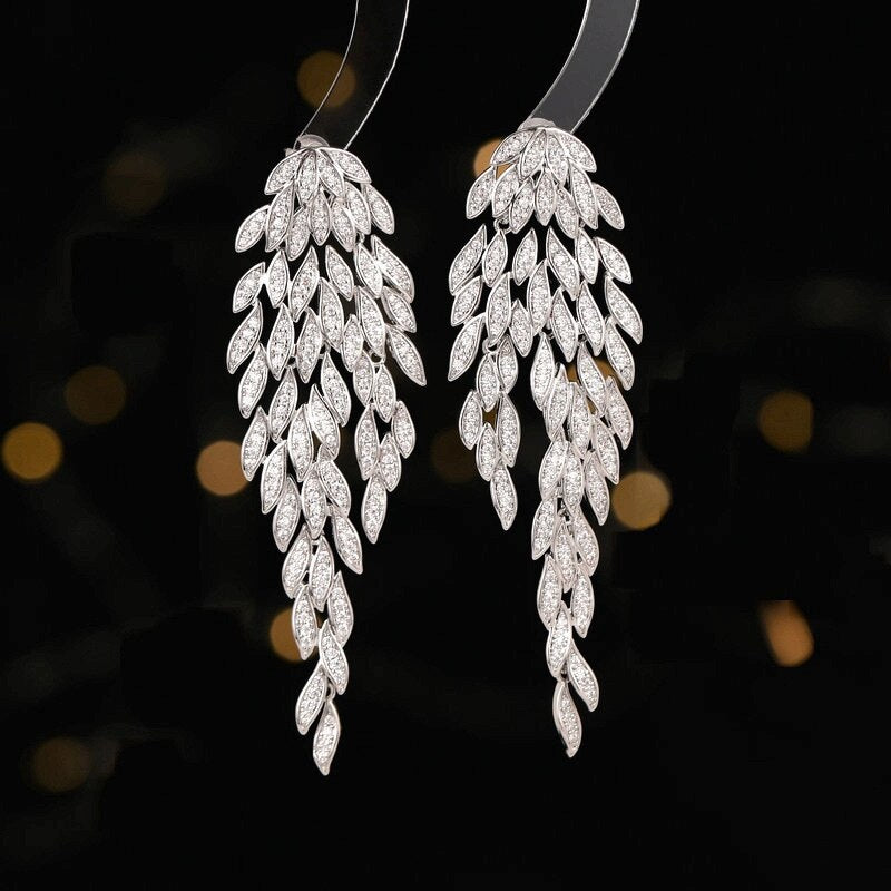 Trendy Cubic Zirconia Multi-Layered Tassel Tree Leaves Earrings for Women | Wedding Jewelry Party Dress Accessories | Perfect for Bridal, Prom & Evening Events LYJ070