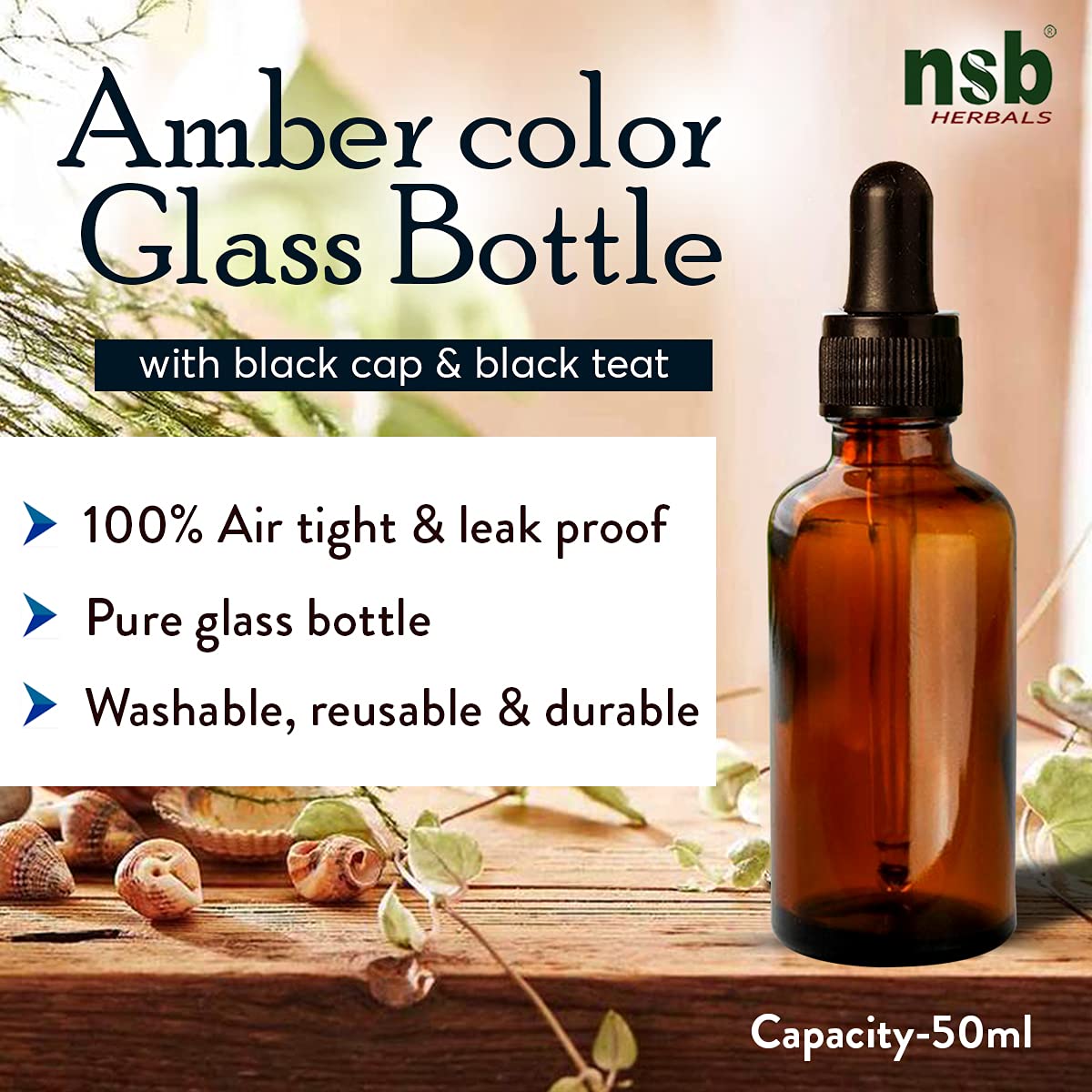 NSB Herbals 50ml Amber Round Empty Glass Bottle with Glass Dropper, Black Ring & Silicone Teat - Leak Proof, Refillable, Reusable for Essential Oils, Perfumes, DIY Blends (Pack of 3) | Perfect for Aromatherapy, Travel & Home Storage
