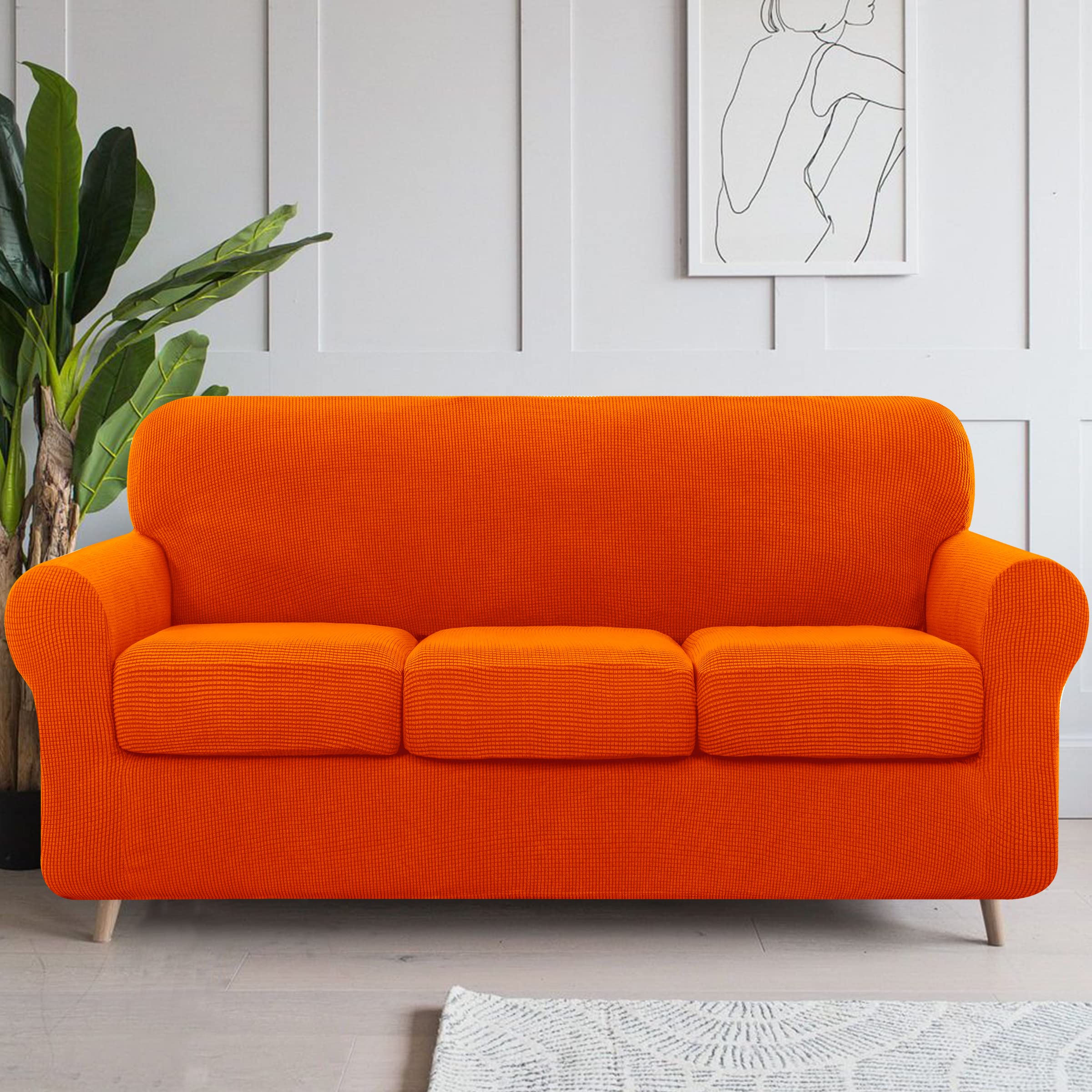 SUBRTEX Stretchable Sofa Slipcover with Separate Cushion Covers - 2 Seater & 3 Seater Couch Protector for Pets & Kids - Medium & Large Size in Orange - Perfect for Living Room Furniture Protection & Home Decor