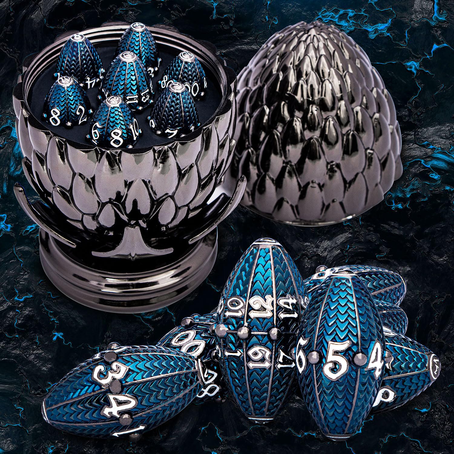 Premium ARUOHHA DND Metal Dice Set - Black & Blue Dragon Egg Design with Rotating Shell for Dungeons & Dragons RPG | Polyhedral Dice (D20, D12, D10, D8, D6, D4) | Perfect for Tabletop Gaming, D&D Campaigns & Fantasy Roleplaying