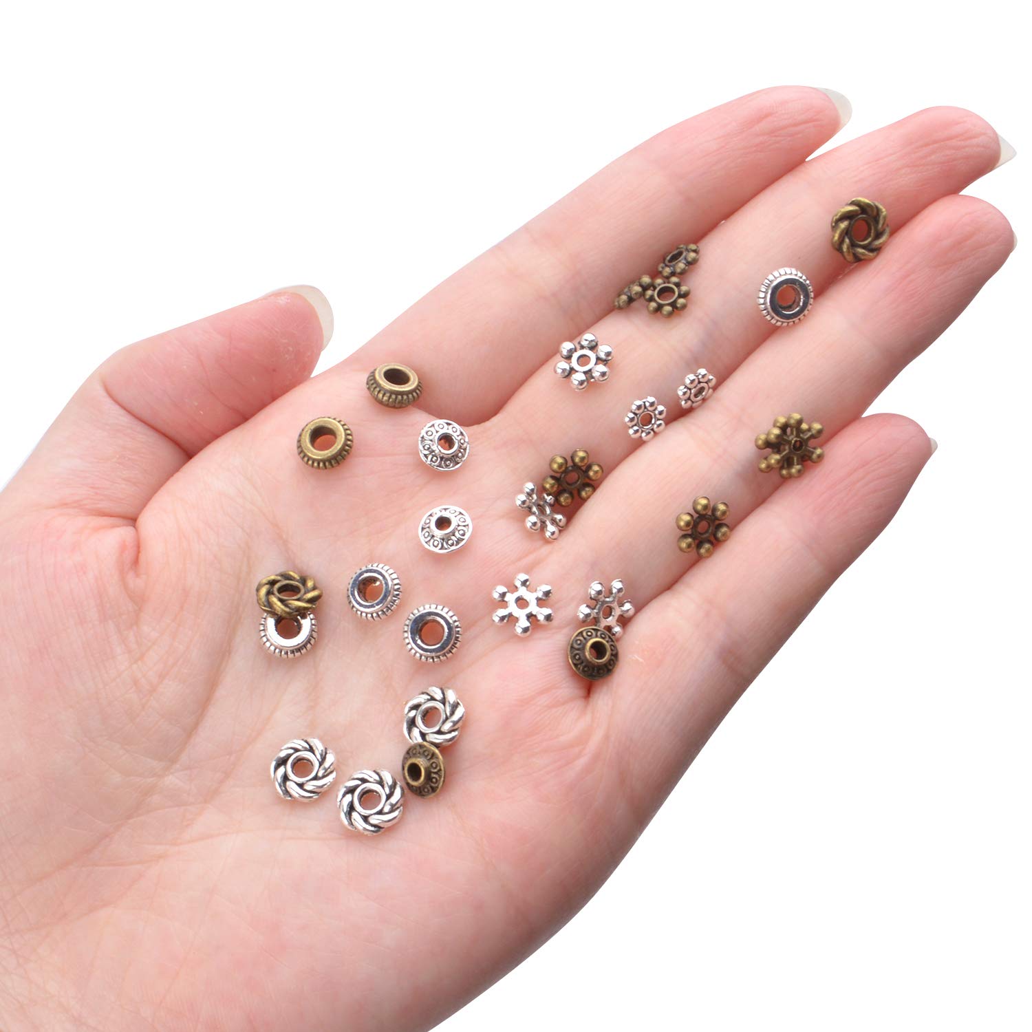 300pcs Tibetan Spacer Beads for Jewelry Making - Alloy Bead Charms in 6 Styles (Antique Silver & Bronze) - Perfect for DIY Bracelets, Necklaces & Boho Jewelry Designs