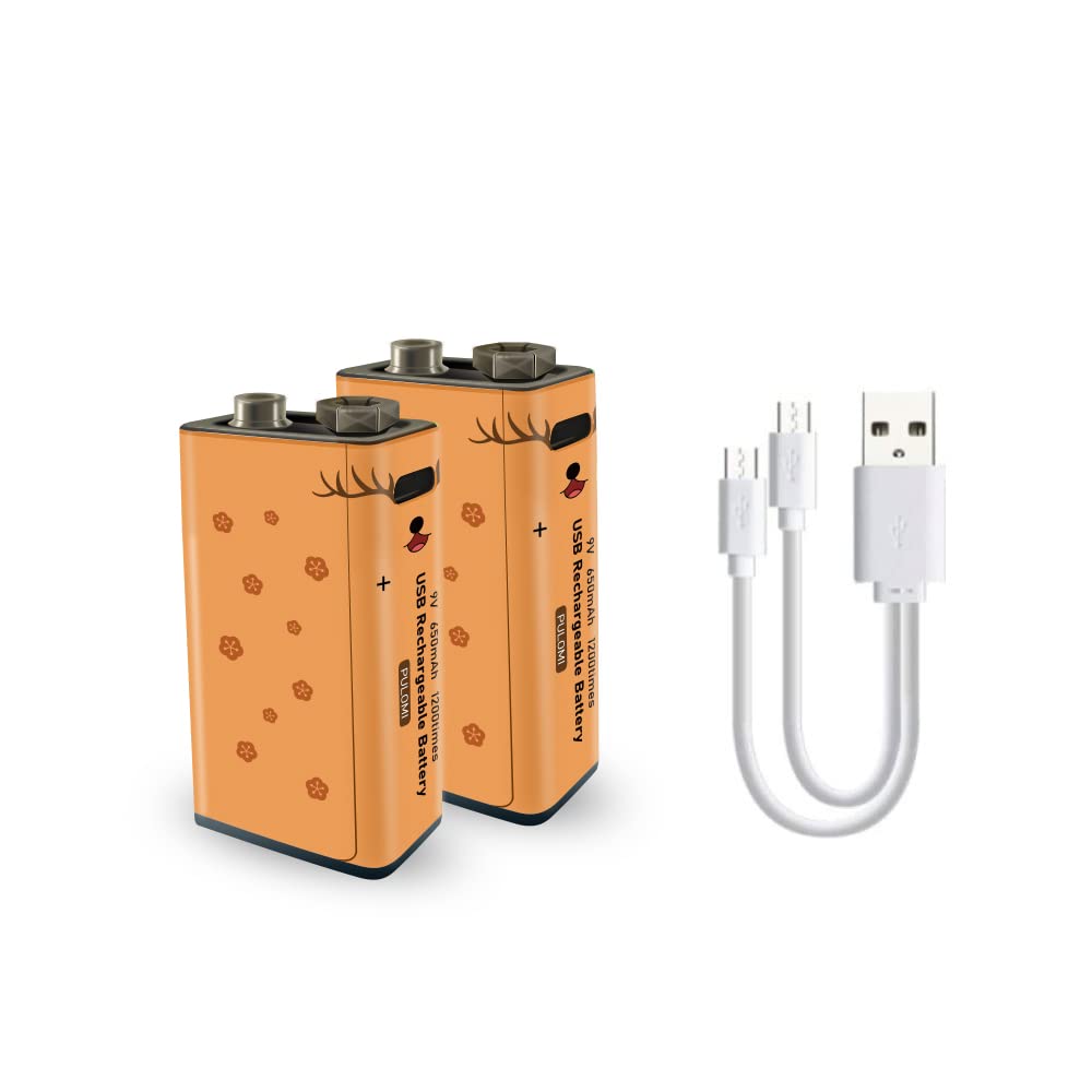 PULOMI 9V Rechargeable Lithium-ion Battery 2-Pack - 650mAh High Capacity, Fast 1.5H Charging via USB-C, 1200 Cycles, Constant Output for Smoke Detectors, Guitar Pedals & Digital Multimeters