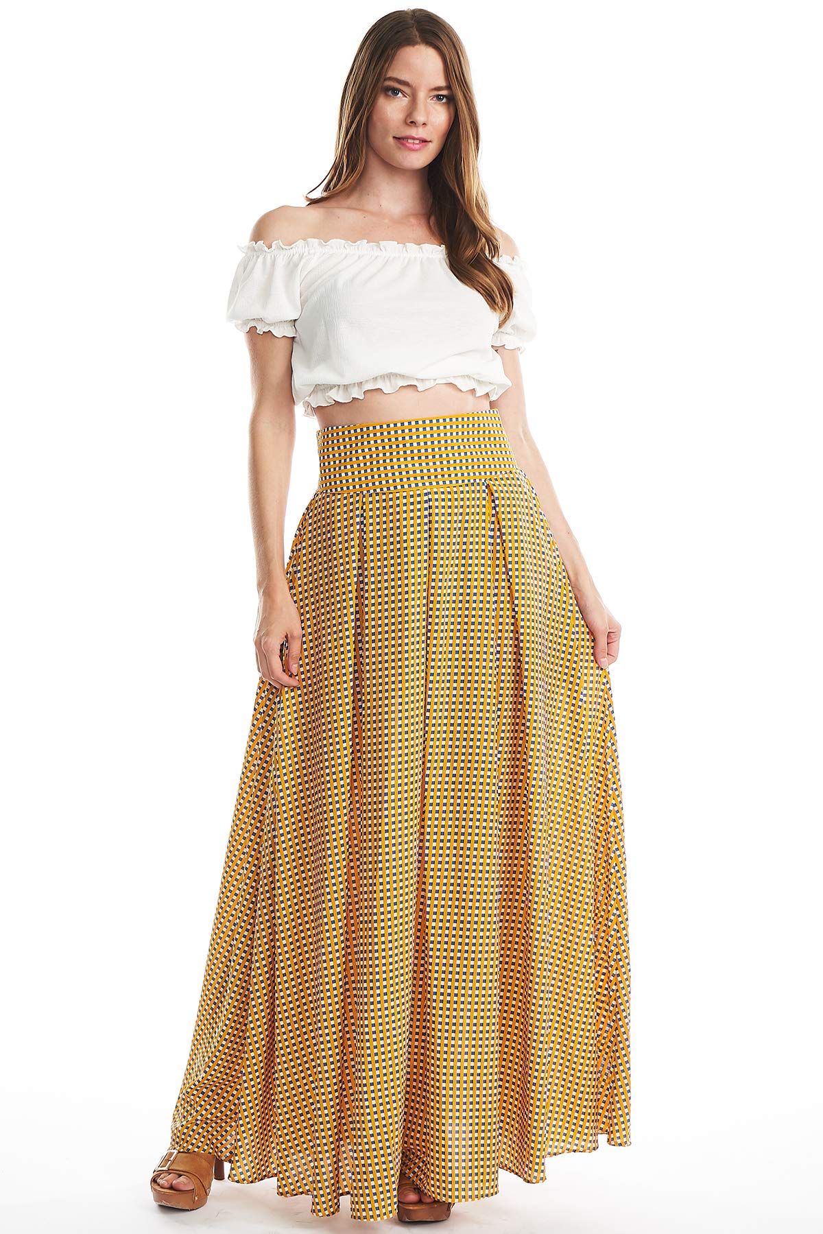 Tov Checkered Box Pleats Long Skirt - Women's A-Line Midi Skirt with Pockets | Perfect for Office, Party & Casual Outfits | Flowy & Comfortable