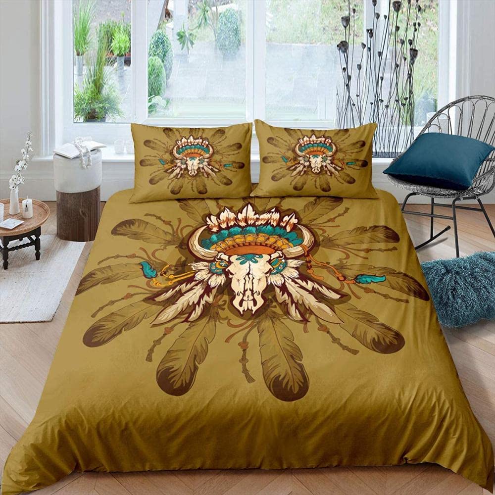 Bohemian Bull Skull Duvet Cover Set - Queen/King Size Brown Feather Print, Tribal Style Quilt Cover with Pillowcases - Exotic Home Decor for Adult Bedroom, Boys Room or Bohemian Themed Space - Perfect for Western, Indian or Southwestern Style Bedrooms (3 Piece Bed in a Bag)
