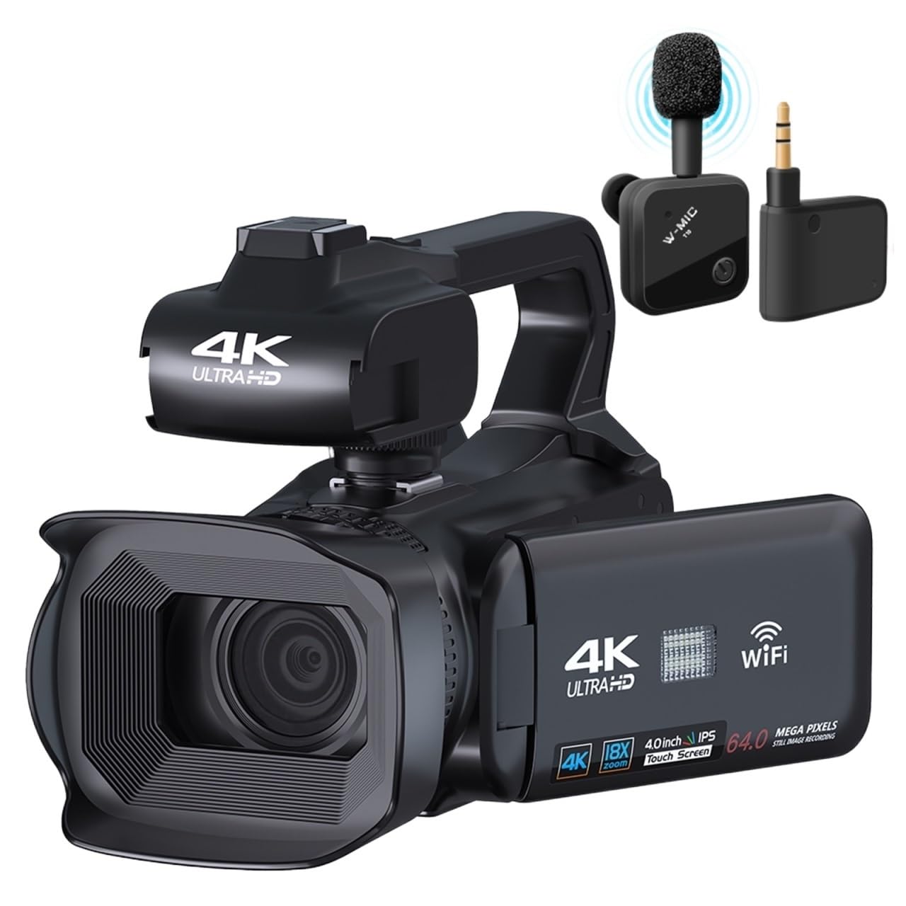 4K 60FPS Vlogging Camera with 64MP Photography & Live Streaming - 18X Zoom AF Digital Camcorder with 4