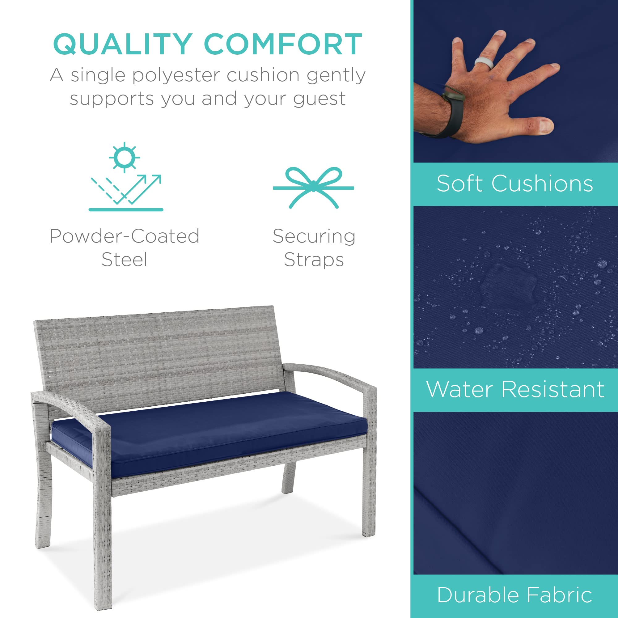Best Choice Products 2-Person Outdoor Wicker Bench with Cushion - 700lb Capacity, Gray/Navy - Patio Furniture for Garden, Backyard, Porch & Deck Seating - Perfect for Relaxing, Entertaining & Outdoor Gatherings