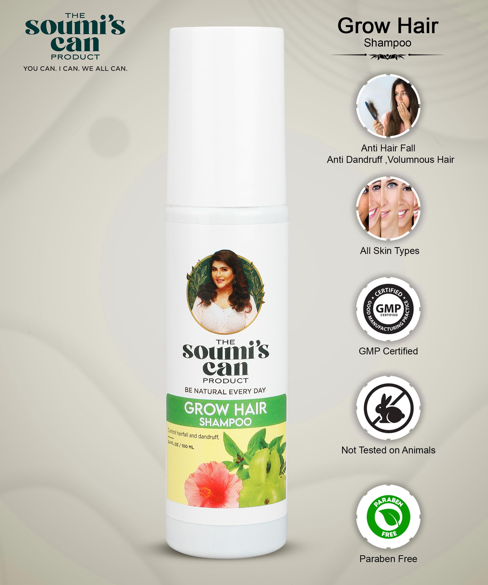 SOUMI'S CAN Grow Hair Shampoo with Tulsi, Amla & Hibiscus - Anti Hair Fall & Dandruff Control Shampoo - Volumizing & Nourishing Herbal Formula for Women & Men - 100ml (Pack of 2) - Perfect for Daily Hair Care & Scalp Health