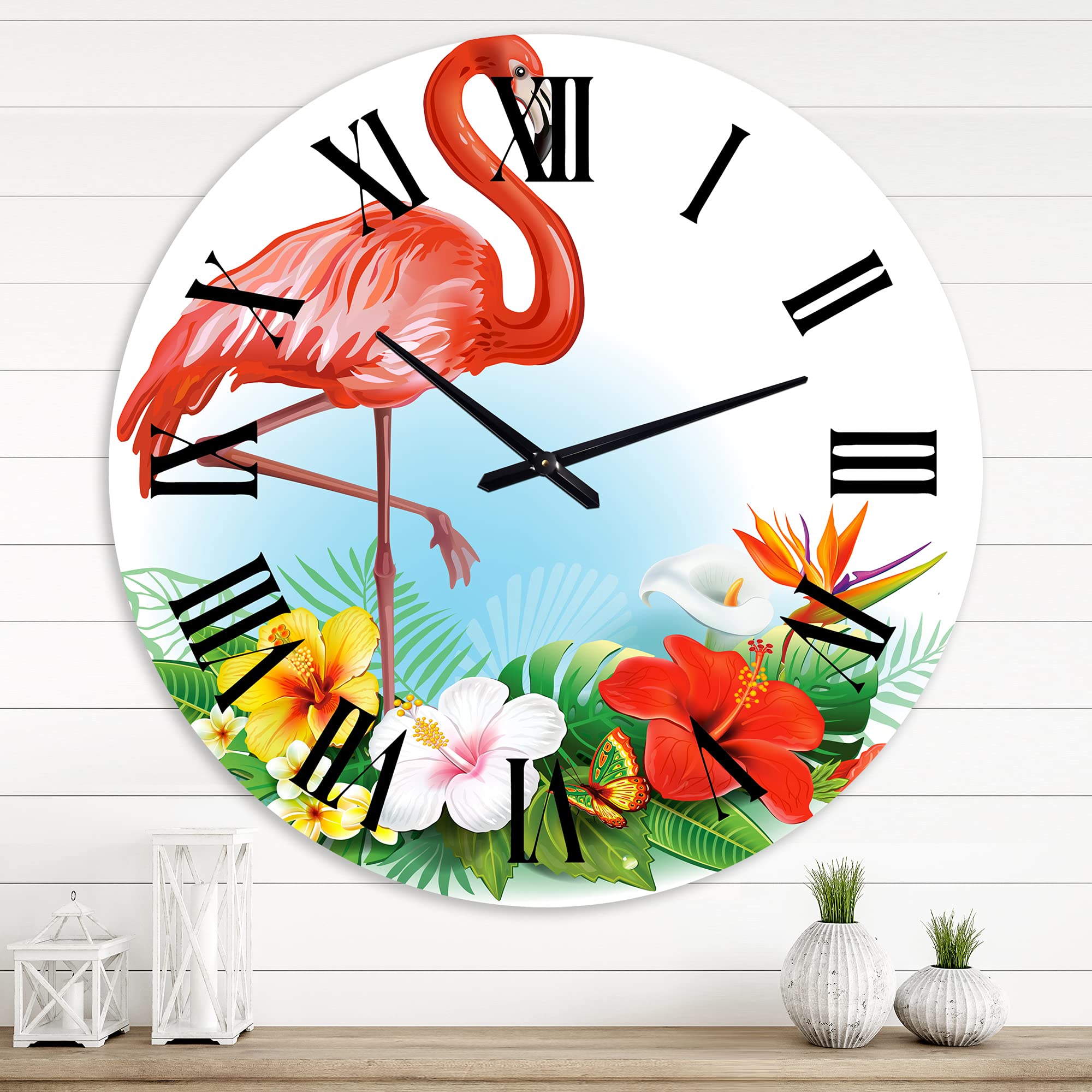 DesignQ Traditional Wall Clock - Large Tropical Floral & Flamingo Decor for Kitchen, Living Room, Bedroom | Vintage Style Home Décor with Vibrant Animal Motifs