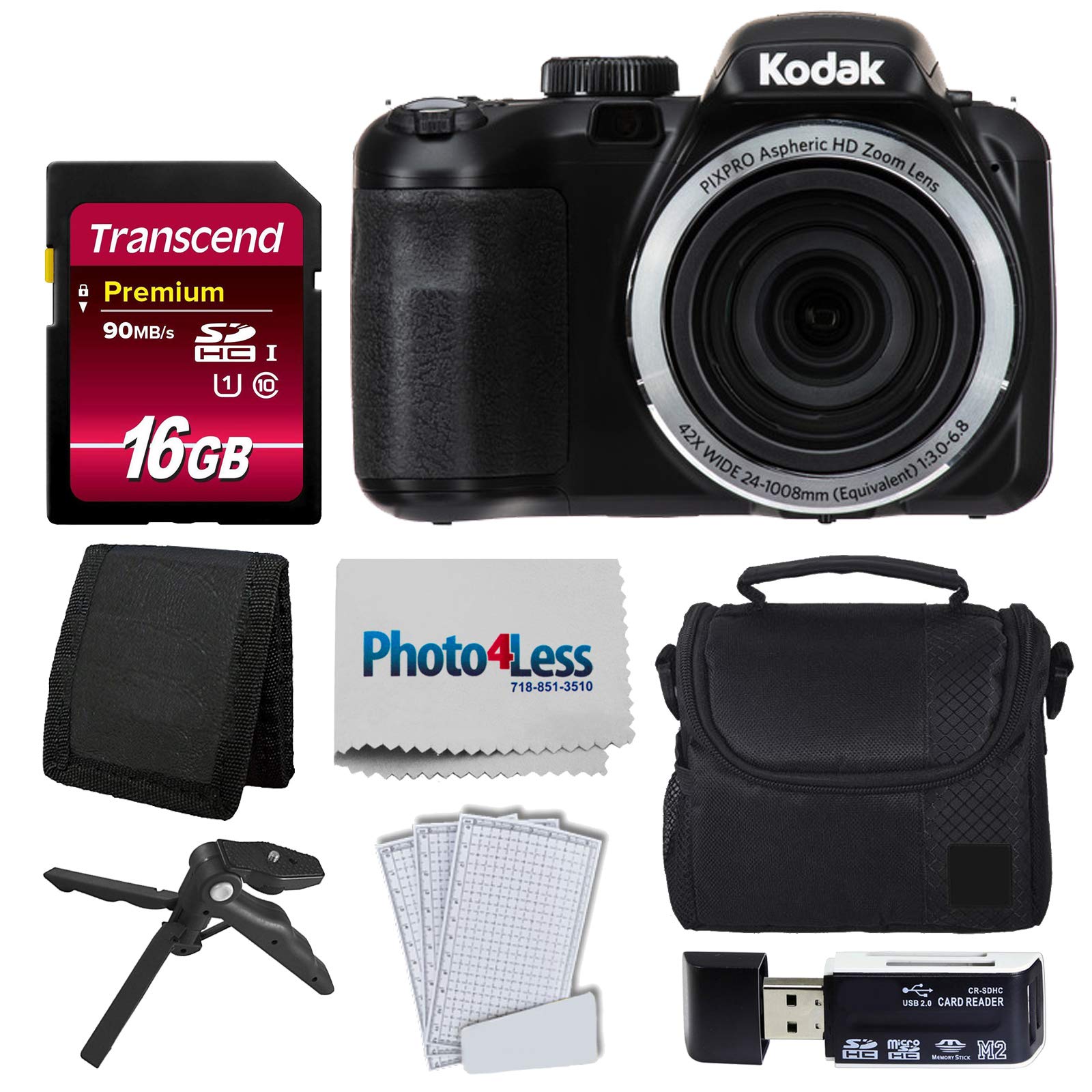 Kodak PIXPRO AZ421 16MP Digital Camera with 42X Optical Zoom - Includes Camera Case, 16GB SDHC Memory Card, USB Reader & Tripod - Perfect for Travel, Vlogging & Family Photography (Black)
