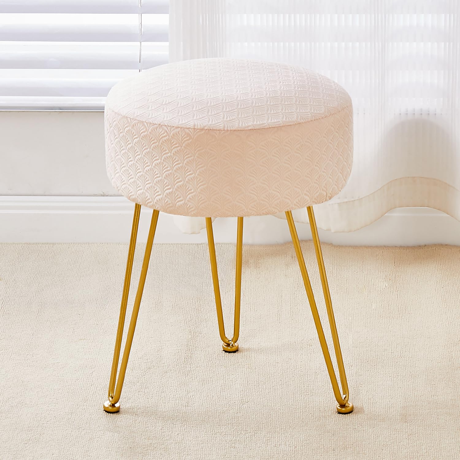 Wimarsbon Velvet Vanity Chair Stool with Metal Legs - Round Ottoman Bench for Bathroom, Living Room & Dressing Room - Champagne Color Footstool & Side Table for Home Decor, Comfort & Style