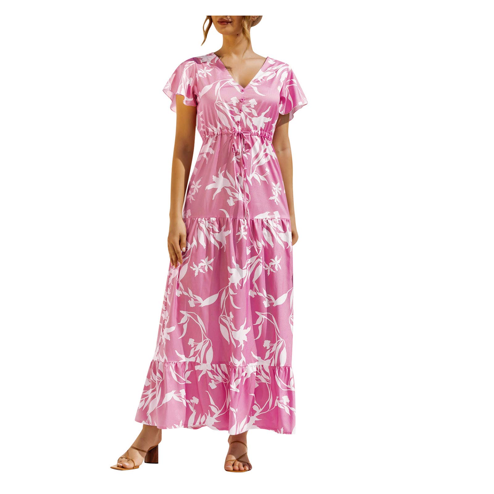 Women's Floral Print V-Neck Lace Button Maxi Dress - Summer Casual Short Sleeve Beach Party Long Dress (Style S-1813) | Perfect for Vacations, Weddings & Outdoor Events