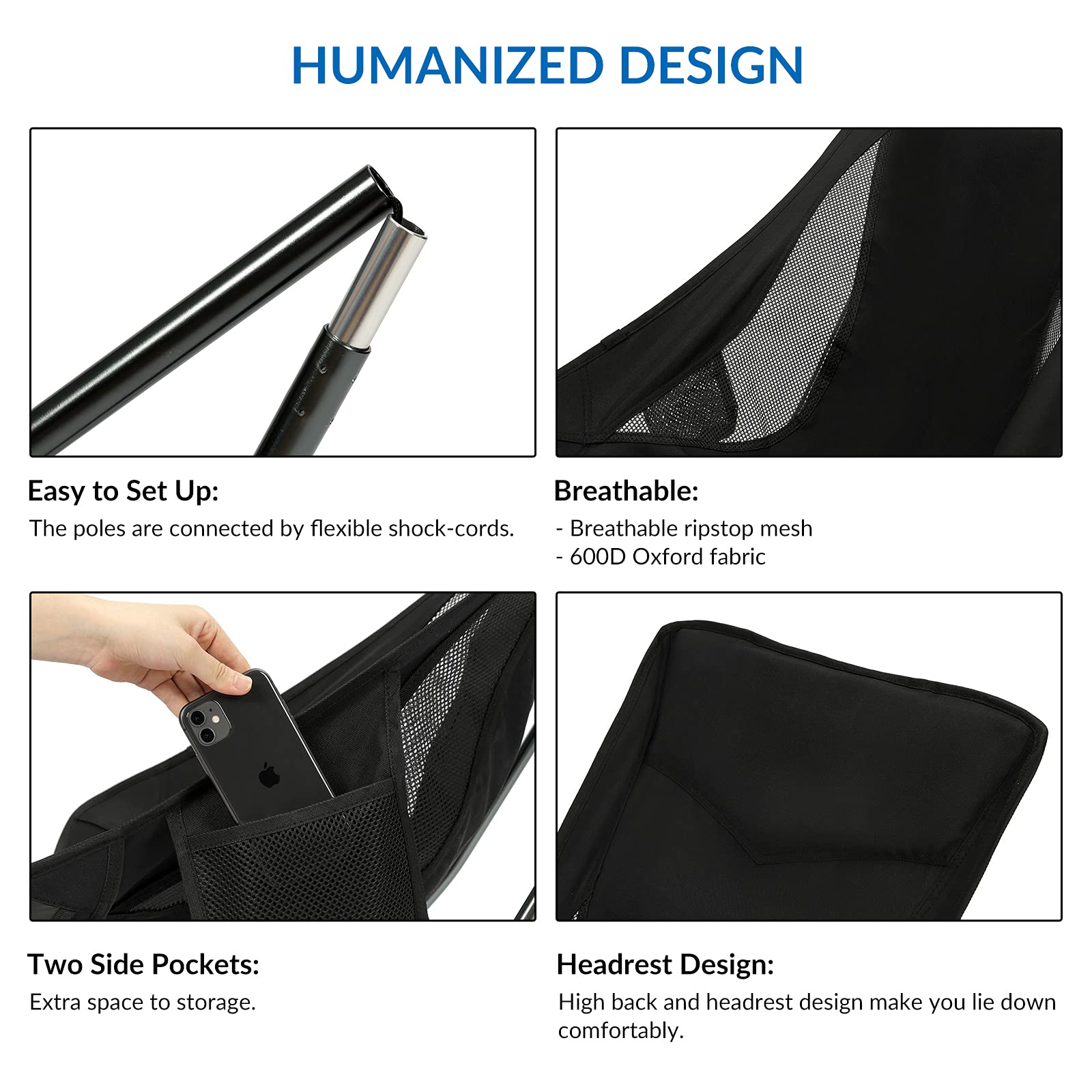 Premium All-Aluminum Folding Camping Chair for Adults - Heavy Duty Portable High Back Collapsible Chair with Built-in Pillow & Side Pocket - Perfect for Backpacking, Hiking, Beach, Picnics, Outdoor Concerts & Tailgating