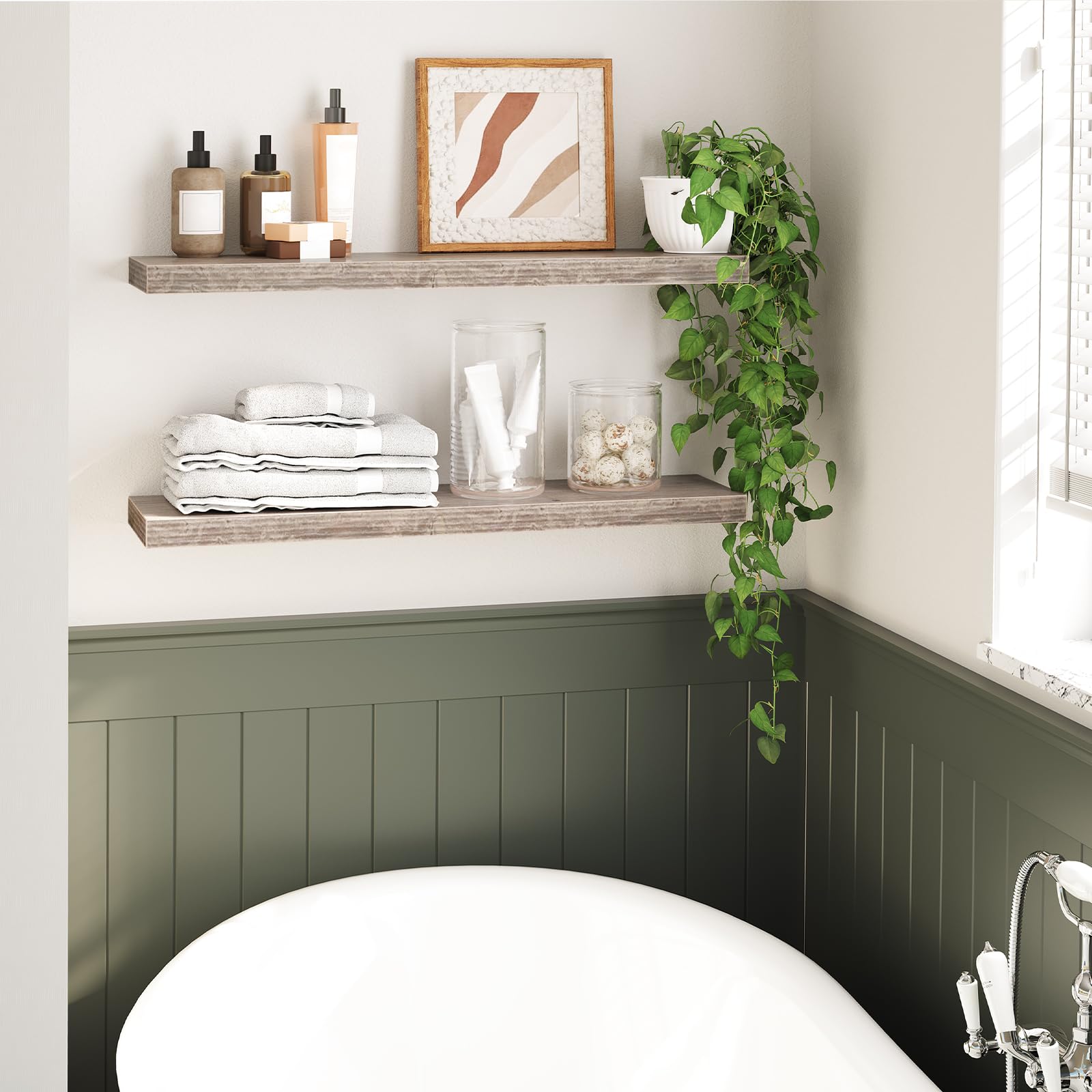 HOOBRO 31.5 Inch Floating Wall Shelves Set of 2 - Invisible Bracket Hanging Shelves for Bathroom, Bedroom, Kitchen Decor - Greige BG80BJP201 - Perfect for Displaying Plants, Books & Home Decor Items
