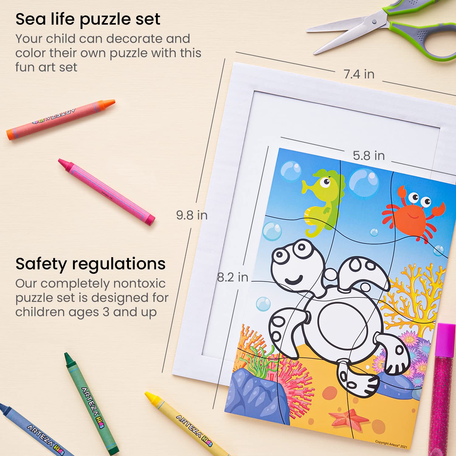 Arteza Kids Sea Life Coloring Puzzle Kit - 5 Puzzles, 16 Crayons, 6 Glitter Glue Tubes, 5 Frames - DIY Art & Craft Supplies for Ages 3+ | Screen-Free Activity, Birthday Gift, Classroom Art Project, Creative Playtime