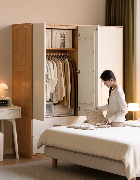 Solid Oak Wood Wardrobe & Floor Cabinet Set - Durable Storage for Bedroom, Closet, and Living Room Organization