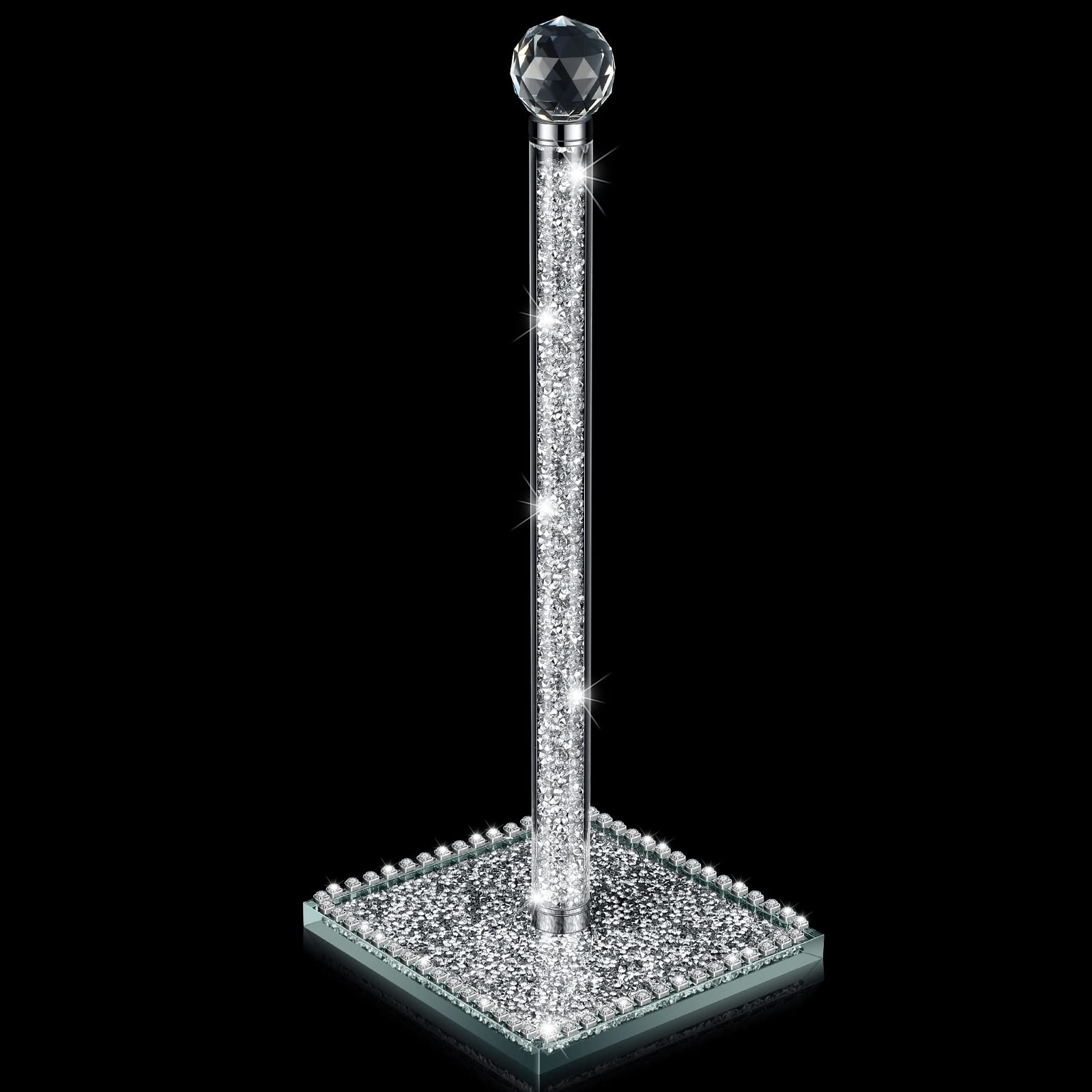 Sparkly Crystal Paper Towel Holder with Diamond Decor - 13 Inch Square Base Standing Towel Roll Stand for Kitchen, Bathroom & Dining Room - Perfect for Home, Office & Restaurant Use