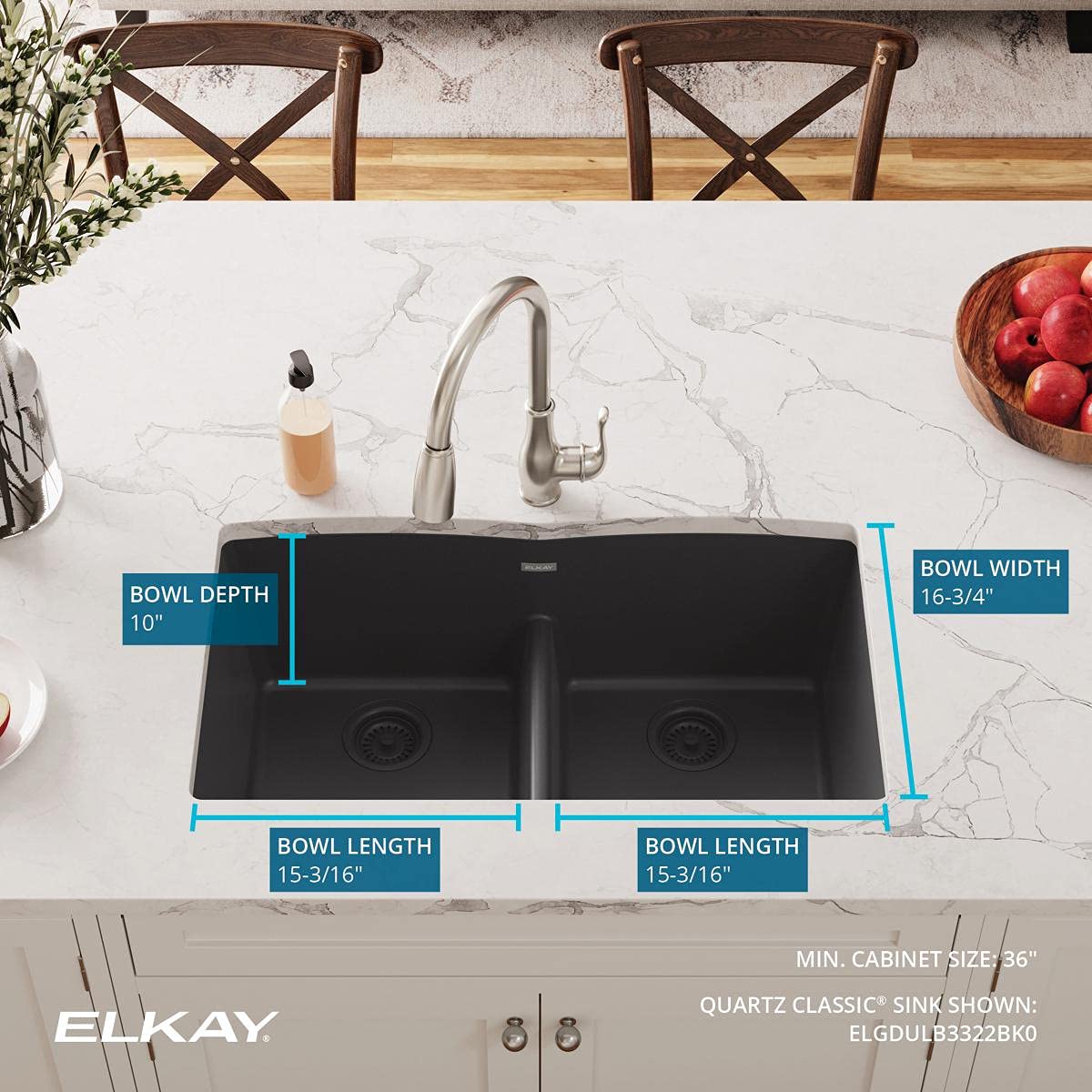 Elkay Quartz Classic ELGDULB3322BK0 Black Equal Double Bowl Undermount Kitchen Sink - Durable & Stylish for Modern Home Cooking & Dishwashing